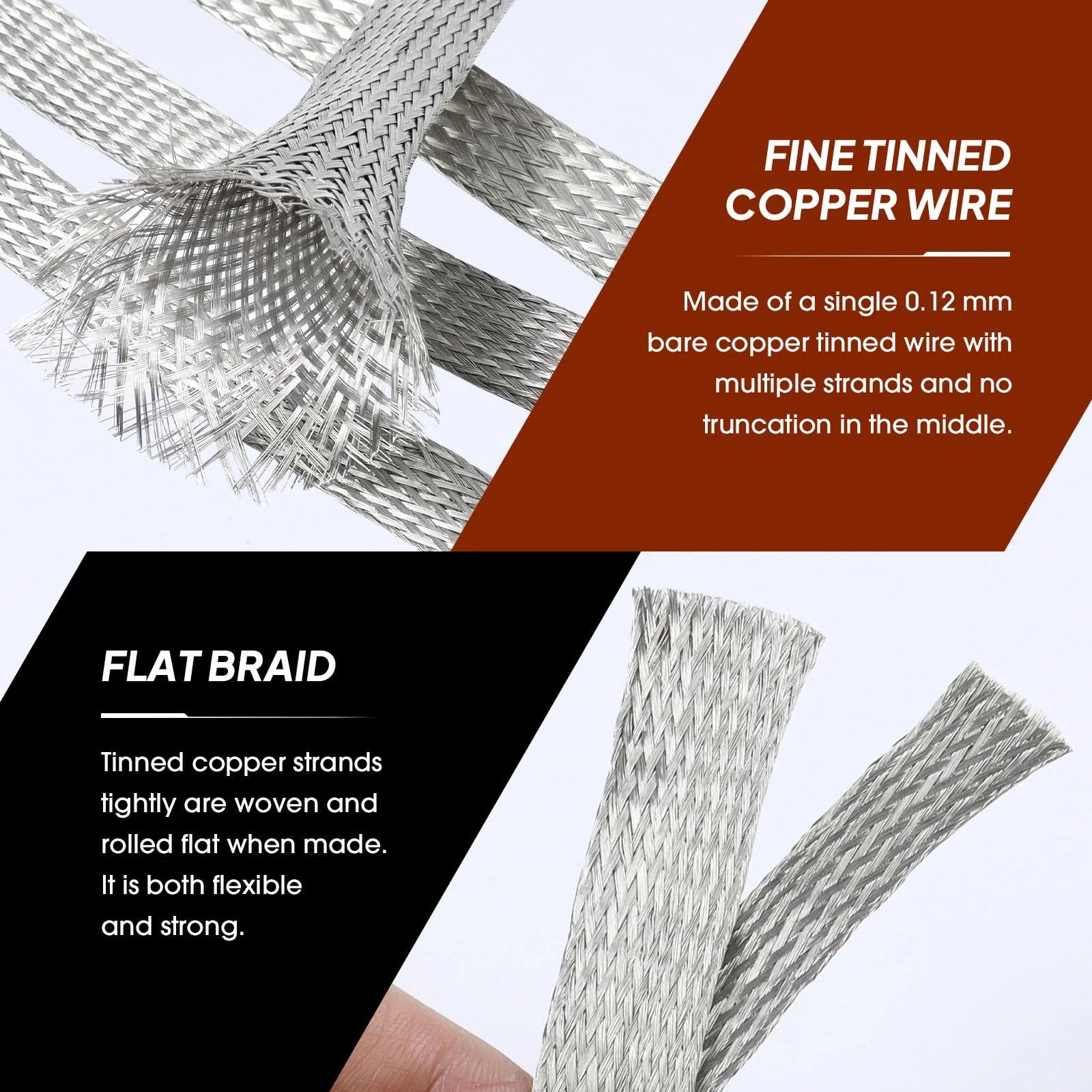 Tinned Copper Braided Ground Strap Shielding Sleeve For Quick Bonding And EMI Interference Shielding, Flat Mesh Cable Sheath