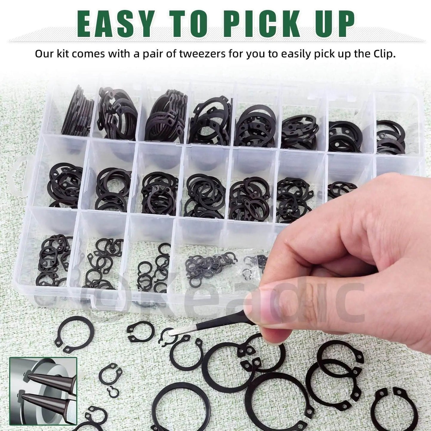 Alloy Steel C Clip Retaining Ring Kit 266 Pieces 21 Sizes From M4 To M28 External Circlips Snap Rings with tweezers in use