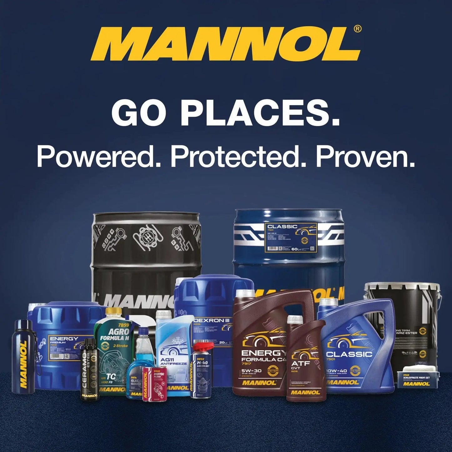 Mannol product lineup including automotive oils and lubricants on display with branding text "Go Places. Powered. Protected. Proven."