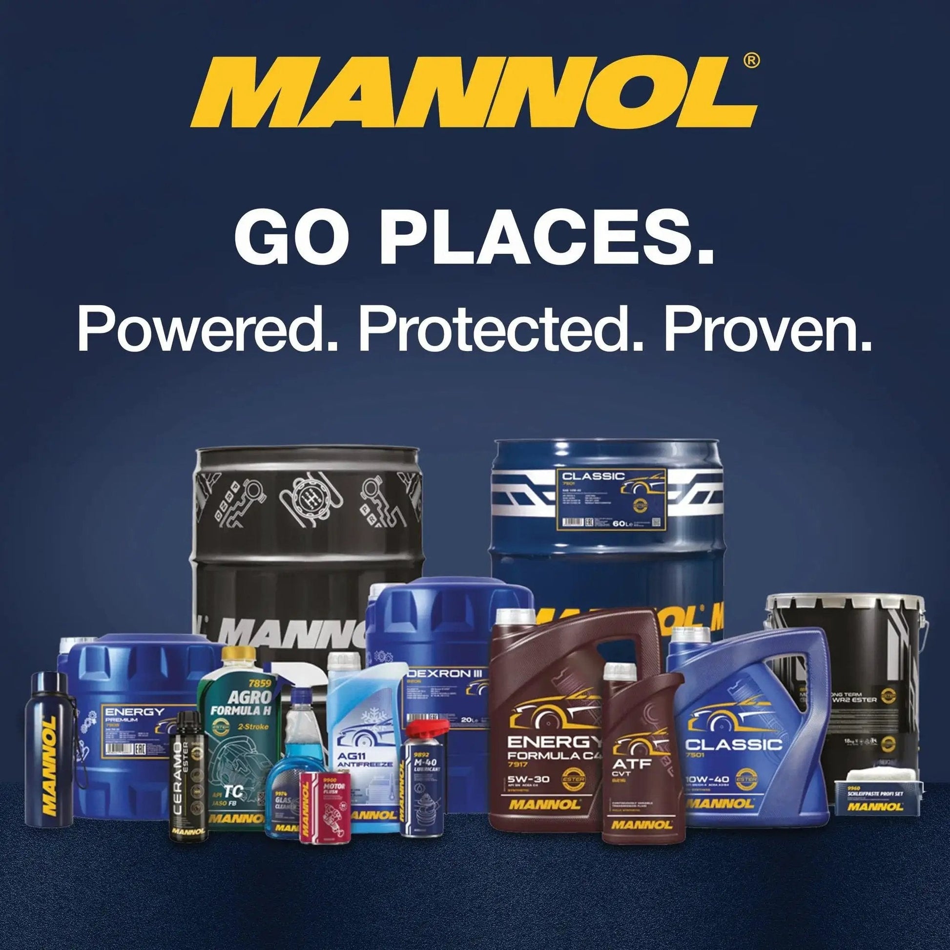 Mannol product lineup including automotive oils and lubricants on display with branding text "Go Places. Powered. Protected. Proven."