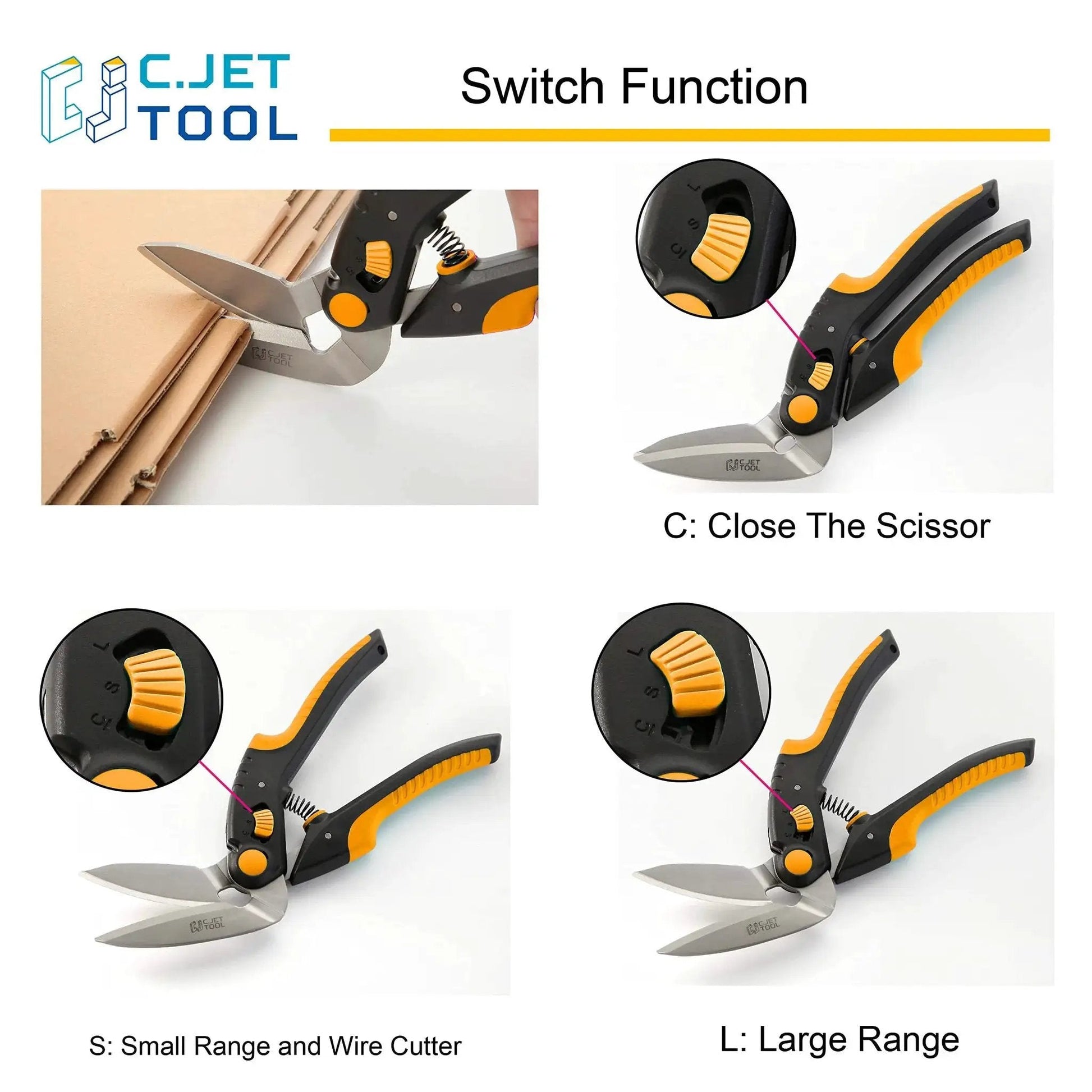 Heavy Duty 10 Inch Multipurpose Scissors For Carpet Cardboard Leather Pruning And Gardening With Soft Grip Stainless Steel Blades Ideal For DIY Projects And Workshop Use Durable Rust Resistant Construction By C.JET TOOL Workhorse showing switch functions for varying cutting ranges.