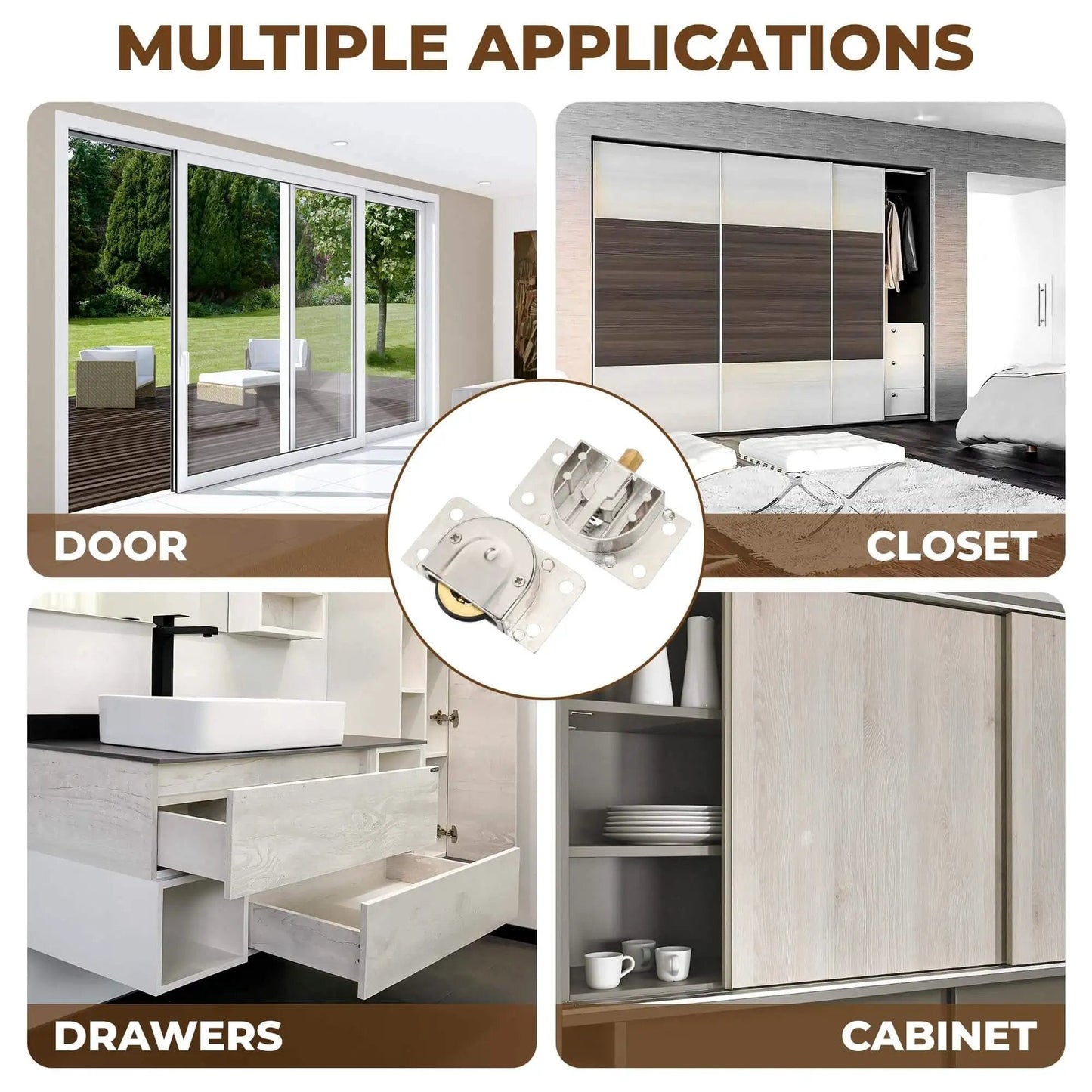 Image showcasing multiple applications of Smooth Sliding Cabinet Door Hardware Set With Durable Stainless Steel Single Wheel Rollers And Zinc Alloy Pulley Track for Effortless Closet Wardrobe Upgrades Top And Bottom Replacement Parts For Your Home Furniture In Sleek Silver Finish Kickass Build, including doors, closets, drawers, and cabinets.