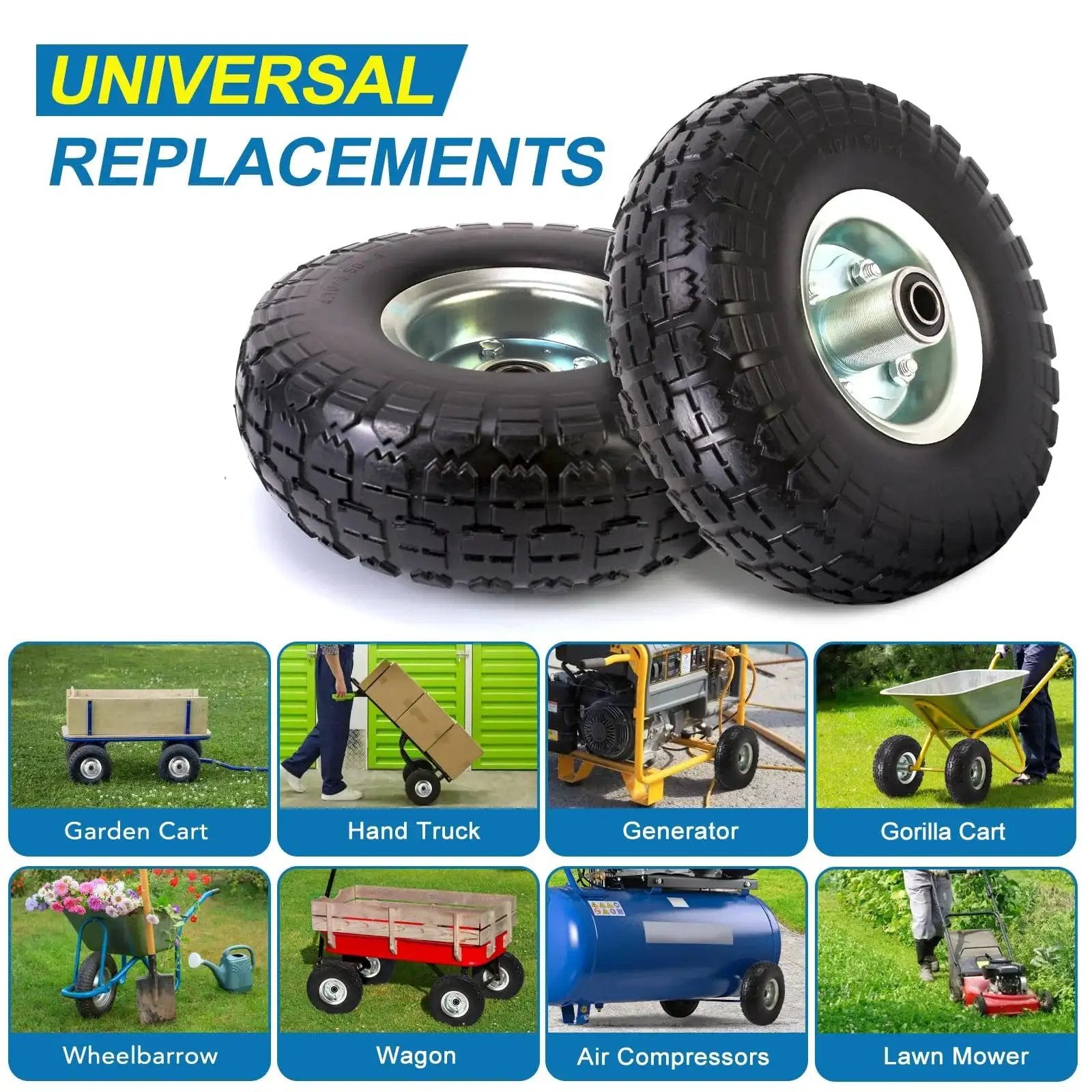 Two Pack 10 Inch Solid Polyurethane Tires For Garden Carts Hand Trucks Lawn Carts and Mowers with flat free wheels