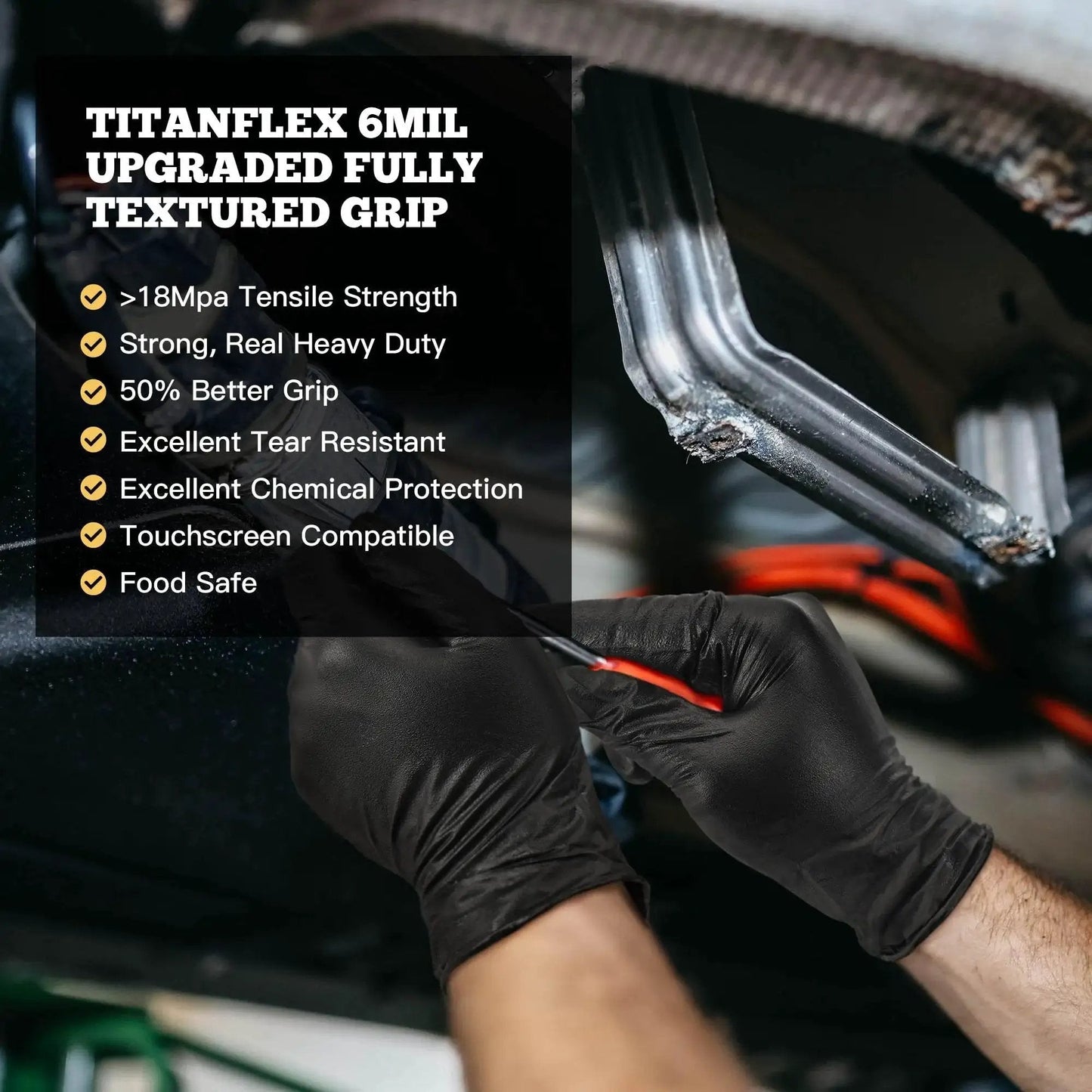 Person wearing 6 Mil Nitrile Gloves Textured Medium 100 Count Powder Free For Food Prep, holding tool under car, demonstrating grip.