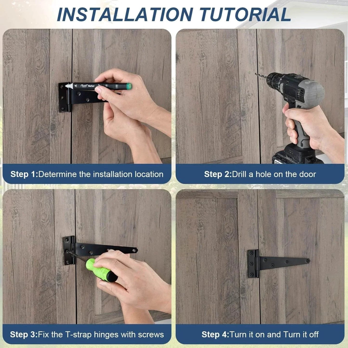 Installation tutorial for Six Pack 3 Inch Black T Strap Shed Door Hinges, showing steps to attach hinges to a wooden door.