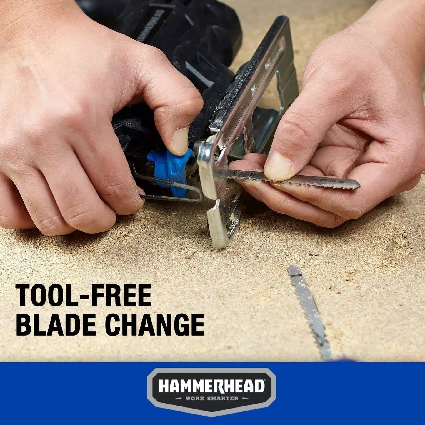 Hands changing blade of Powerful 4.8 Amp Jig Saw For Woodworking With Three Quarters Inch Stroke Includes Two Wood Cutting Blades Variable Speed Control And Four Stage Orbital Function With Brake For Smooth Precise DIY Wood Cutting By Hammerhead HAJS048