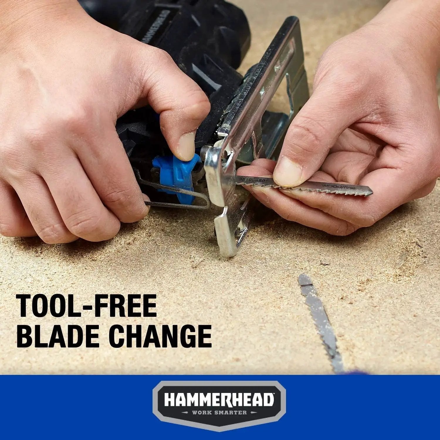 Hands changing blade of Powerful 4.8 Amp Jig Saw For Woodworking With Three Quarters Inch Stroke Includes Two Wood Cutting Blades Variable Speed Control And Four Stage Orbital Function With Brake For Smooth Precise DIY Wood Cutting By Hammerhead HAJS048