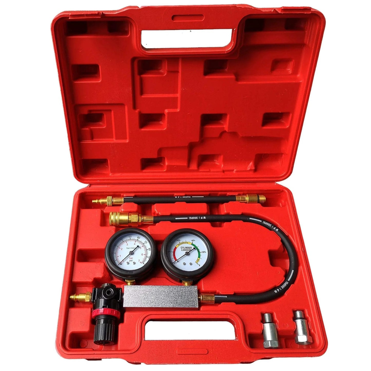 Open red case containing Leak Down Tester Tu-21 Engine Cylinder Leak Tester and Compression Gauge Set for Gasoline 4-Stroke Engines.