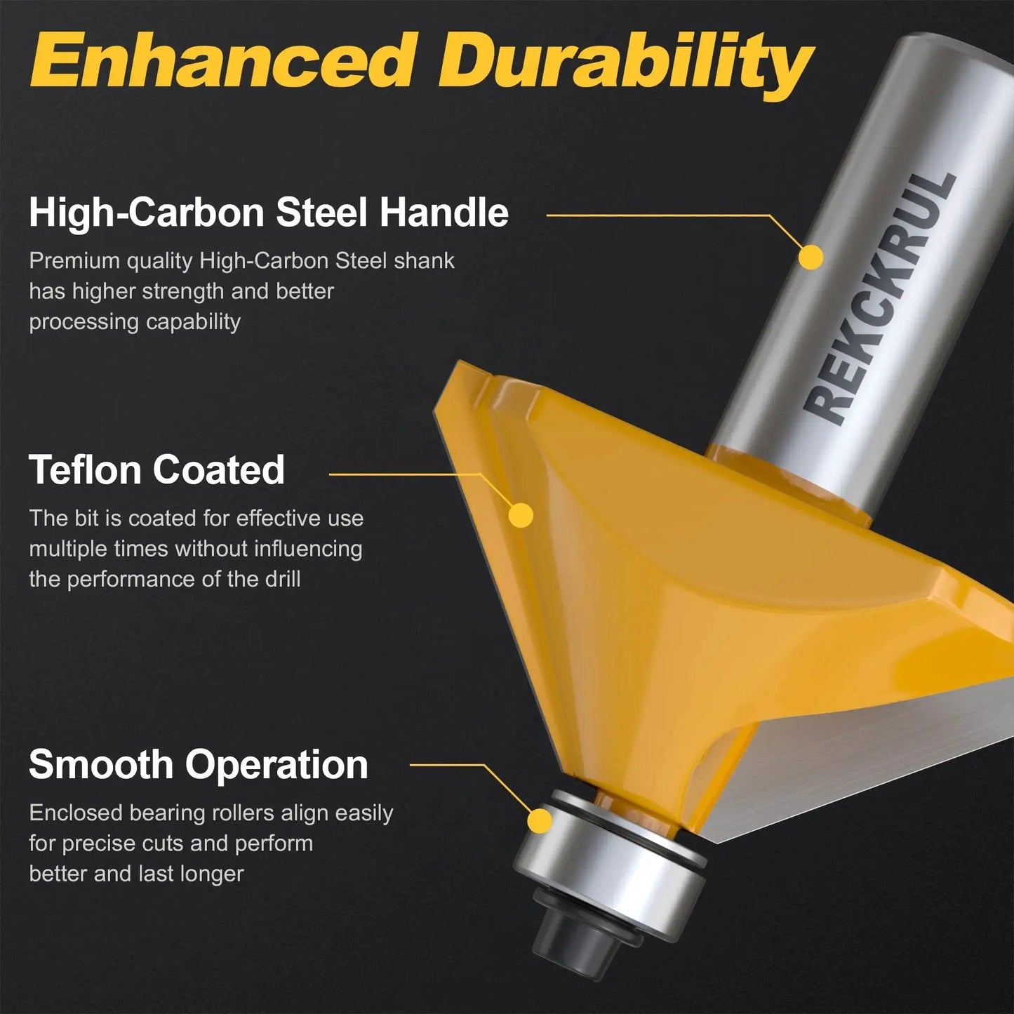 Close-up of a 45 Degree Chamfer Router Bit With Bearing, Half Inch Shank, highlighted features and high-carbon steel handle.