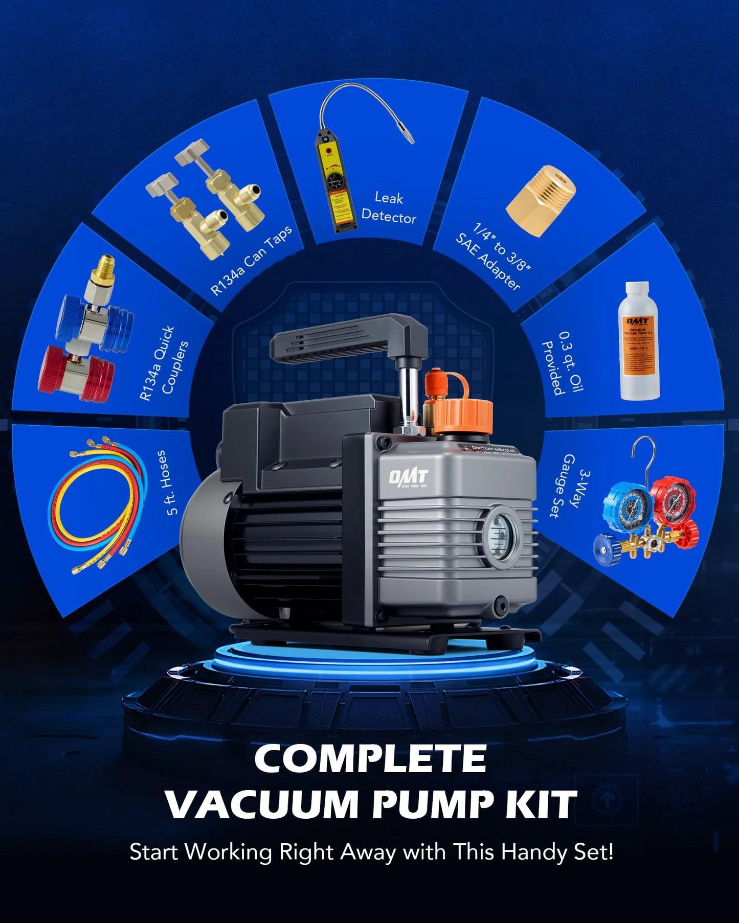 Garage-Ready Auto AC Vacuum Pump Kit With Gauge And Leak Detector, 1/3 HP, 4 CFM, showing pump and included accessories