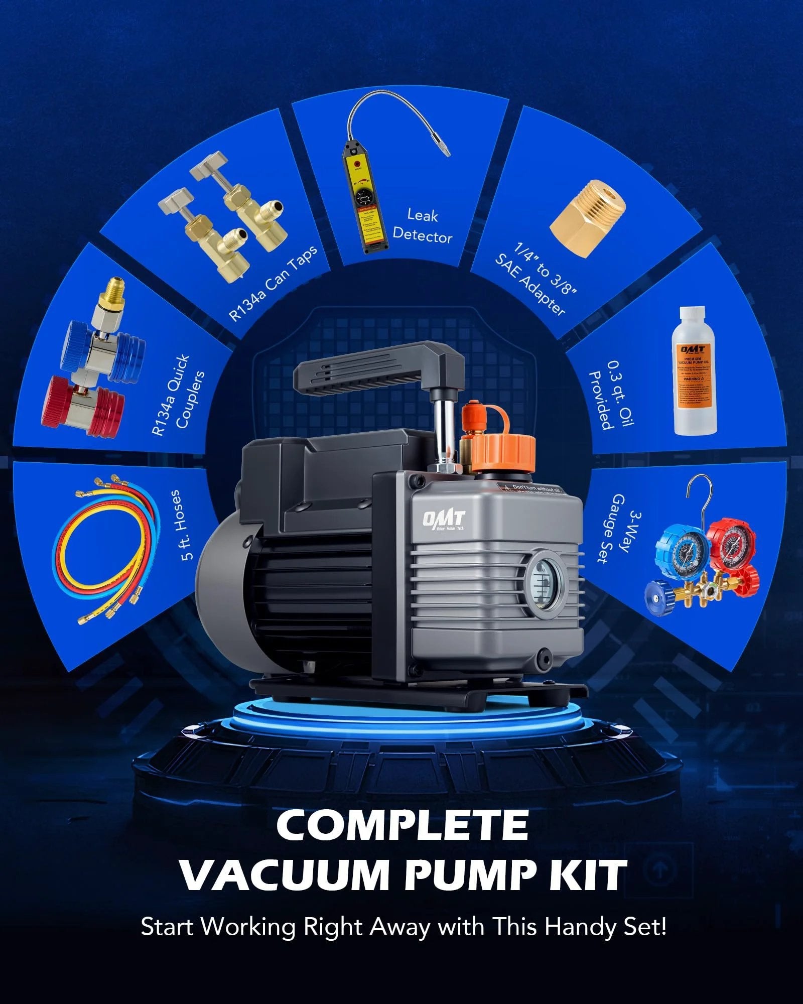 Garage-Ready Auto AC Vacuum Pump Kit With Gauge And Leak Detector, 1/3 HP, 4 CFM, showing pump and included accessories