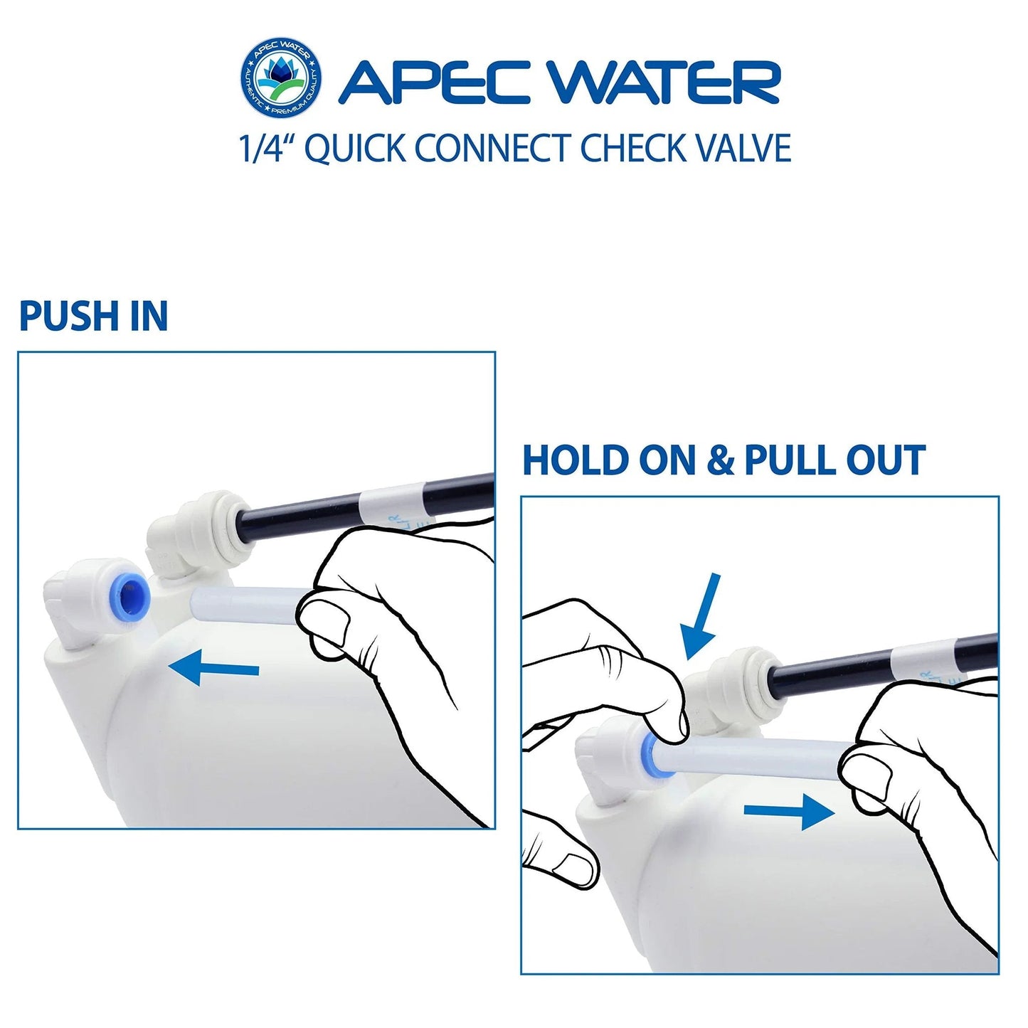 Diagram showing installation of 1/4 Inch Quick-Connect Check Valve Replacement for under-sink systems by APEC.