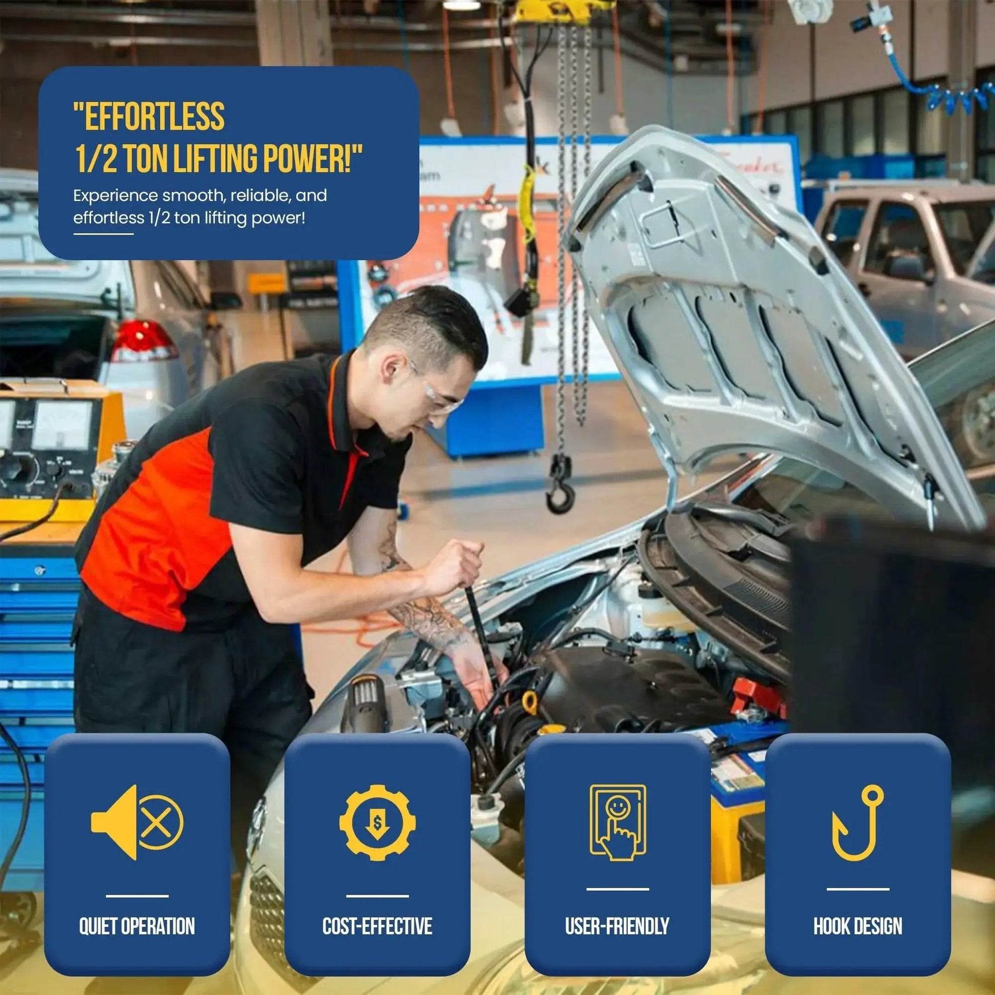 Mechanic using Half Ton Pneumatic Air Hoist With 20 Foot Lift And Pendant Throttle Control in auto repair shop