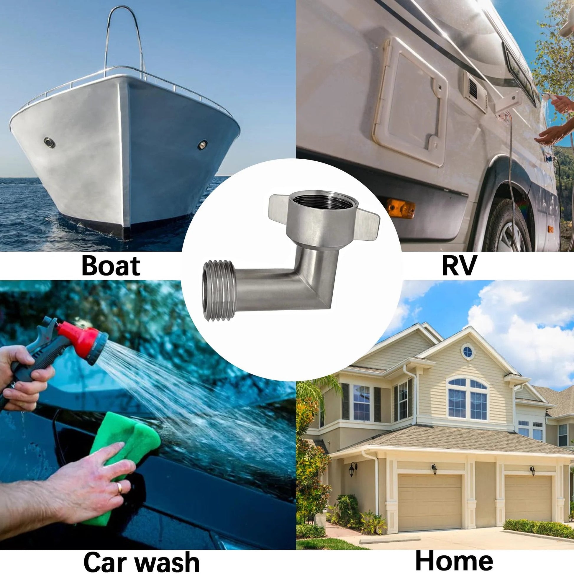 90 Degree Hose Elbow For RVs With Stainless Steel Construction GHT Three Quarter Inch Garden Hose Elbow Fitting in various settings