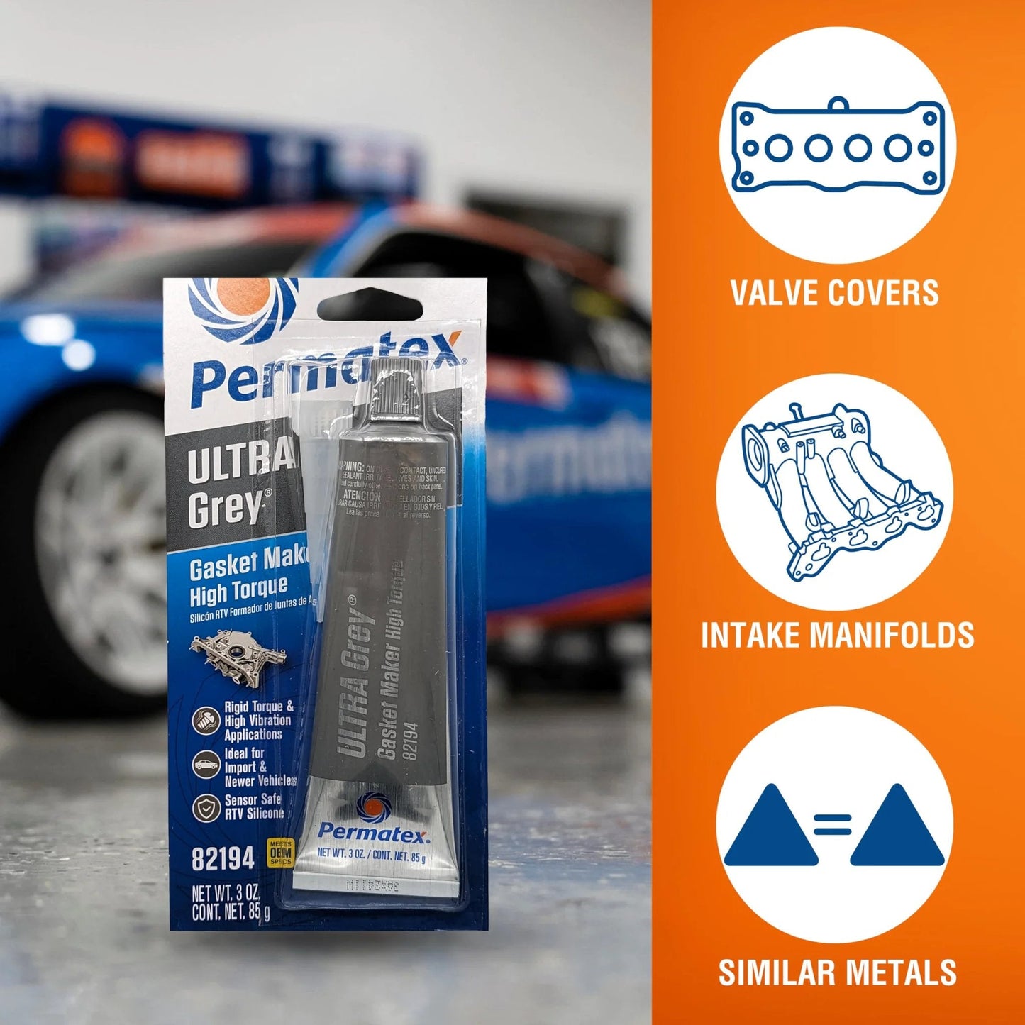 High-Torque RTV Silicone Gasket Maker With Superior Vibration Resistance For Valve Covers, Oil Pans, Timing Covers, And Water Manifolds; Oil And Coolant Safe, Low Odor, Non-Corrosive Formula, 3.5 Oz Permatex in packaging with car in background.