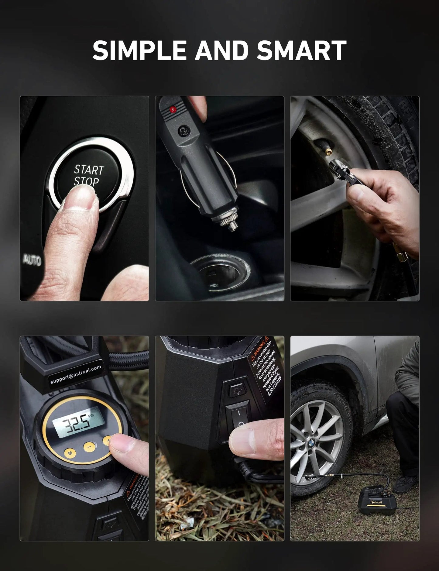 Portable Tire Inflator On The Go With Digital Gauge And Emergency LED Light For Cars And Bikes 12V DC Car Air Pump Nine Point Eight Foot Cord Yellow And Balloons in use, showing features and connections.
