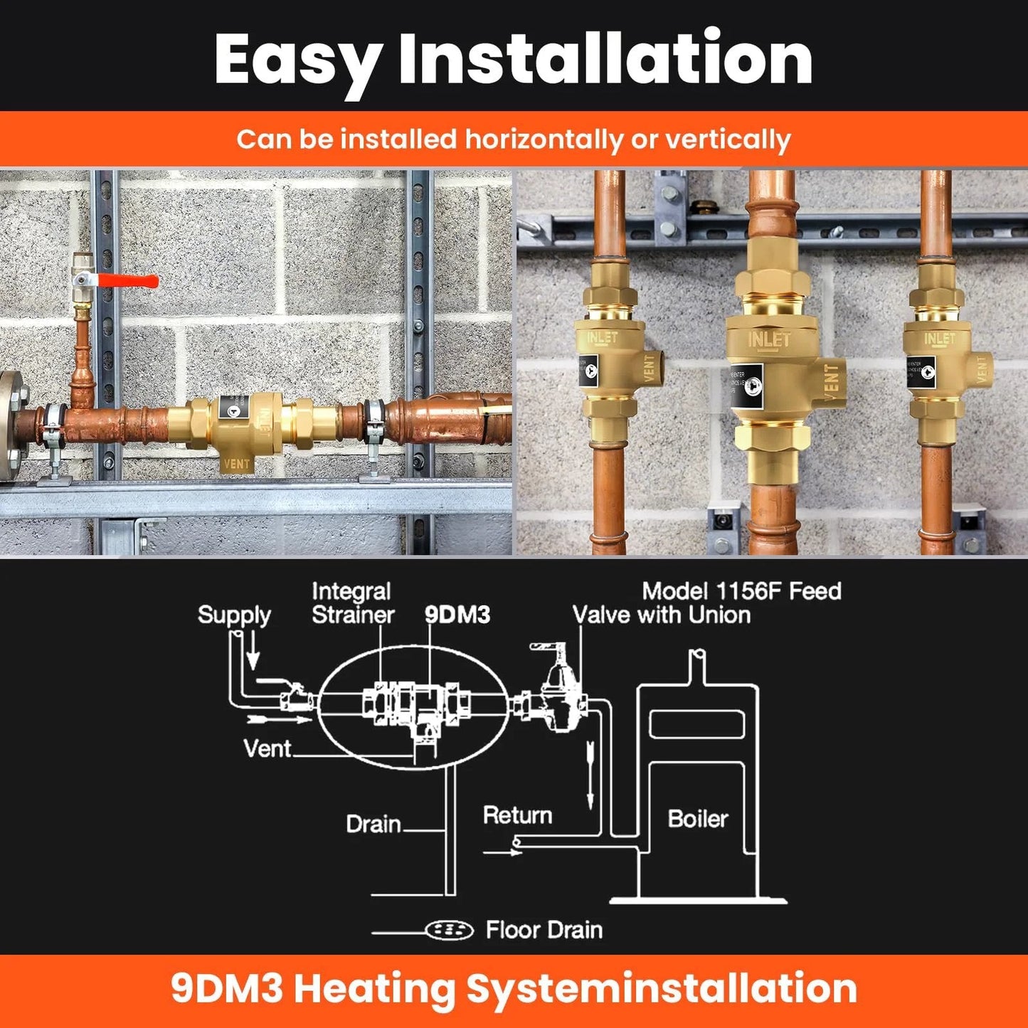 Heavy Duty Brass Backflow Preventer Half Inch Dual Check Valve With Intermediate Atmospheric Vent For Vertical Or Horizontal Install shown on copper pipes with union connections.