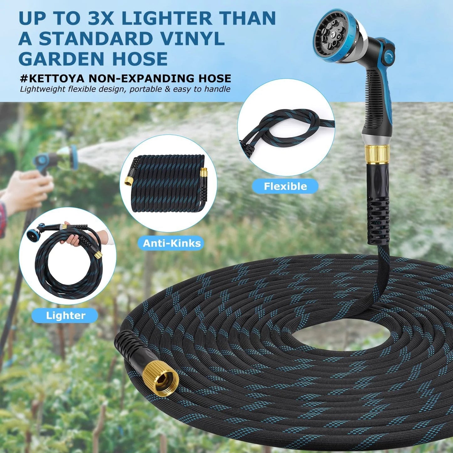 Non Expanding Garden Hose 100 Ft With Kink Resistant Flex displayed coiled with 10 pattern spray nozzle