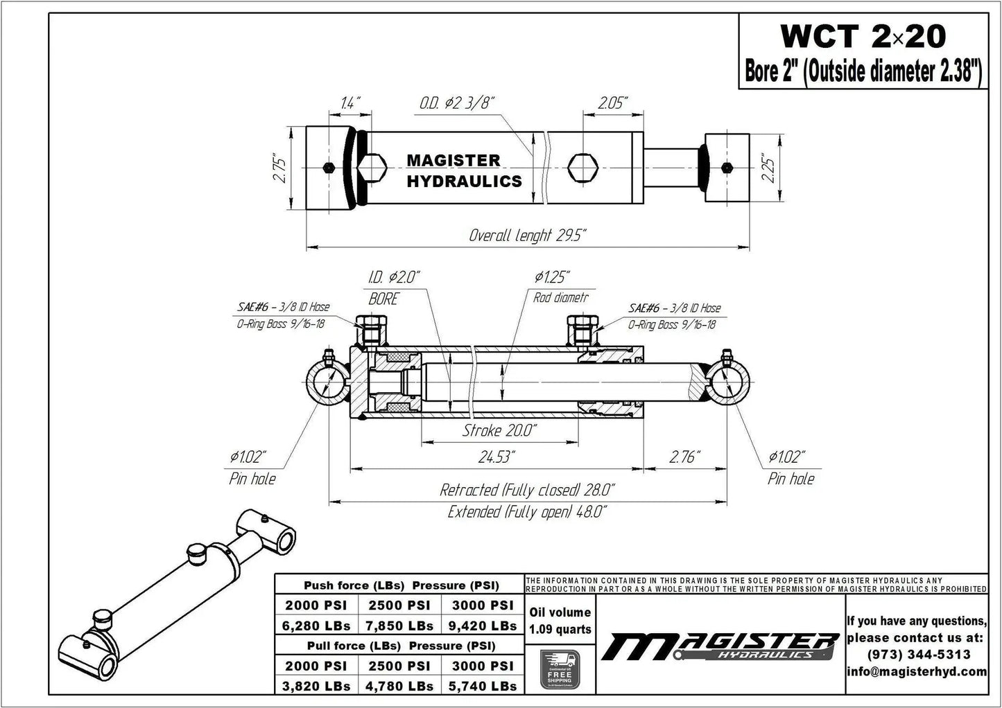 Technical drawing of 2 Inch Bore Hydraulic Cylinder 20 Inch Stroke Welded Double Acting 3500 PSI with dimensions and specifications.