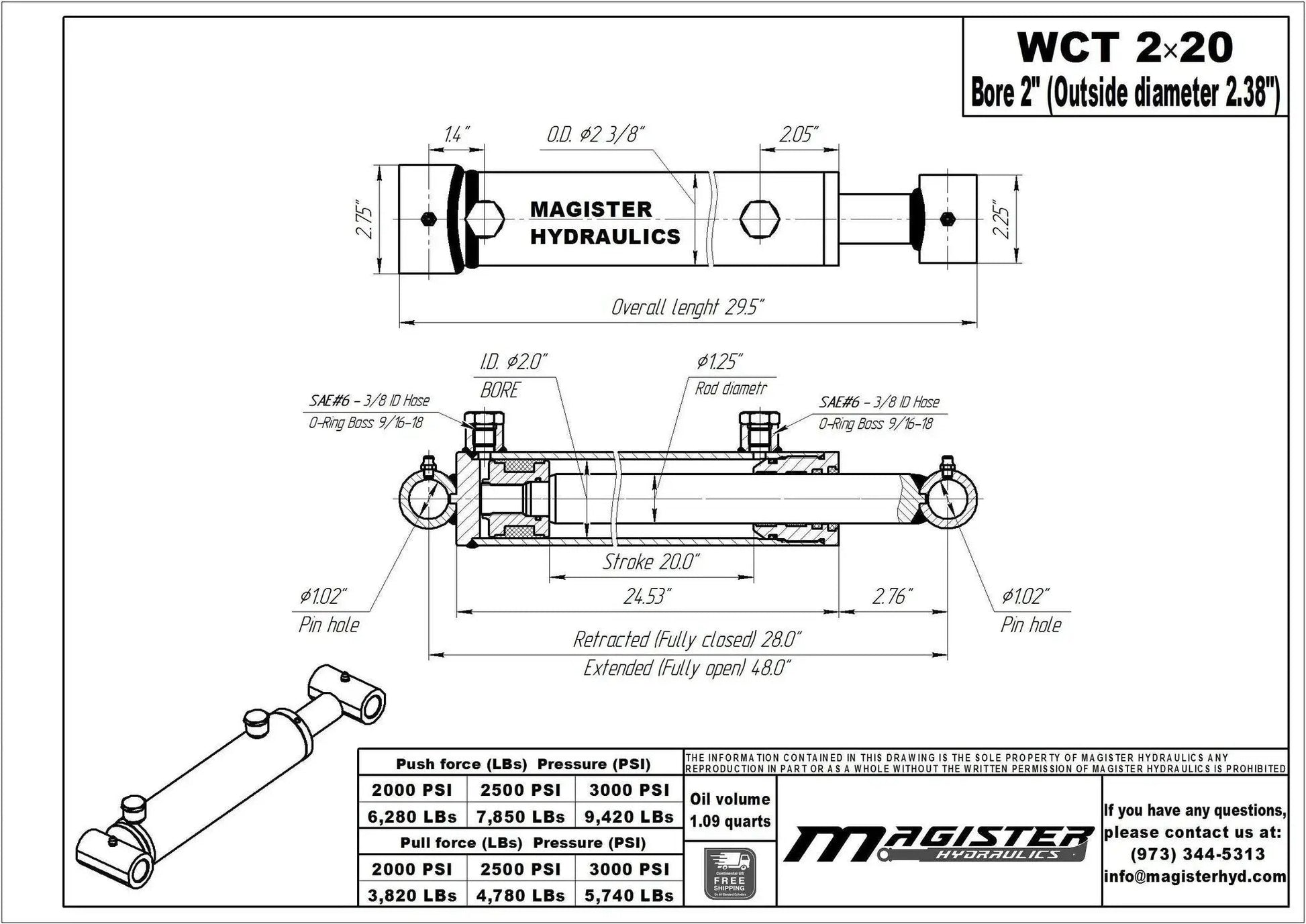 Technical drawing of 2 Inch Bore Hydraulic Cylinder 20 Inch Stroke Welded Double Acting 3500 PSI with dimensions and specifications.