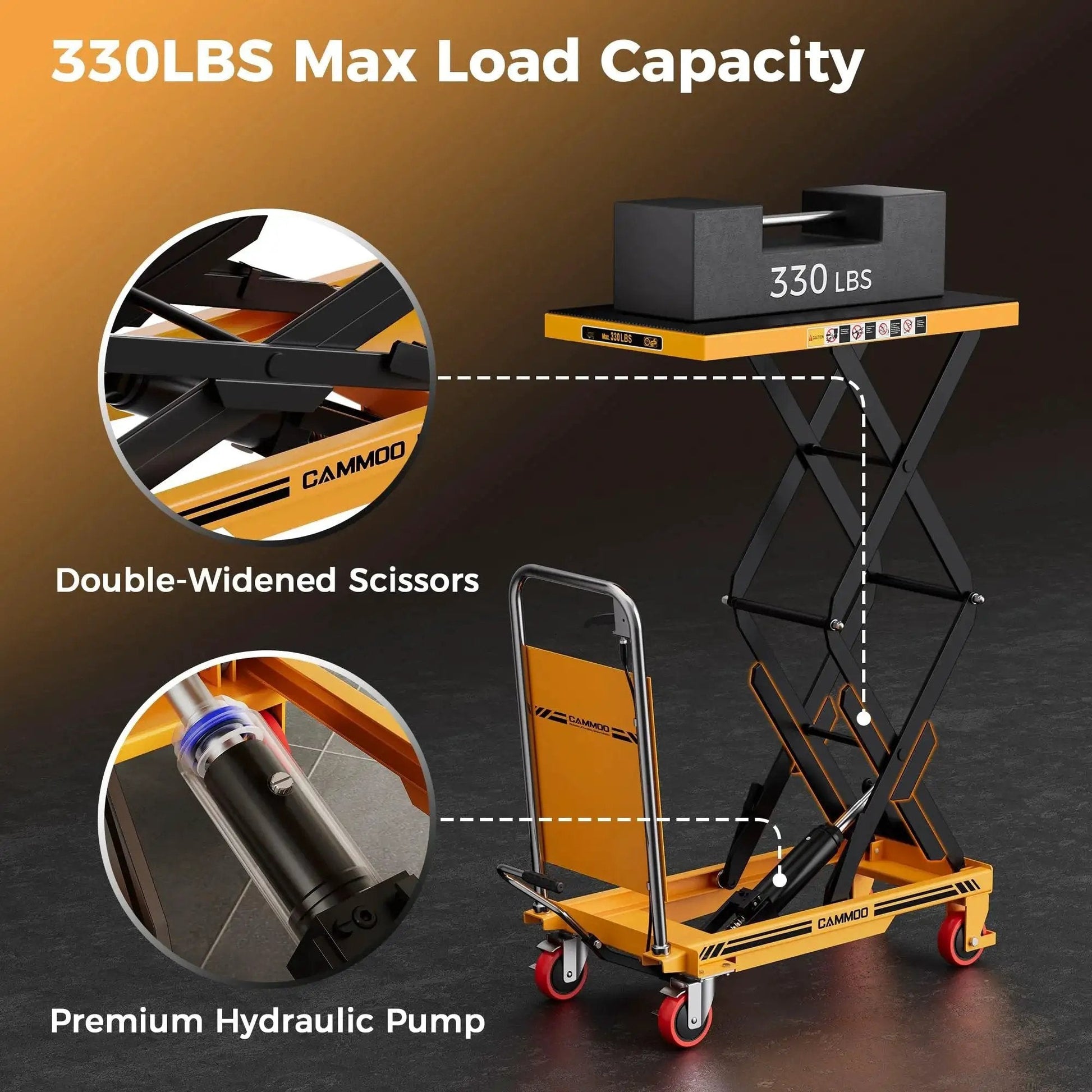 Hydraulic Lift Table Cart 330 Lb Capacity 49.6In Lift Height Non Slip Pad with double-widened scissors and hydraulic pump