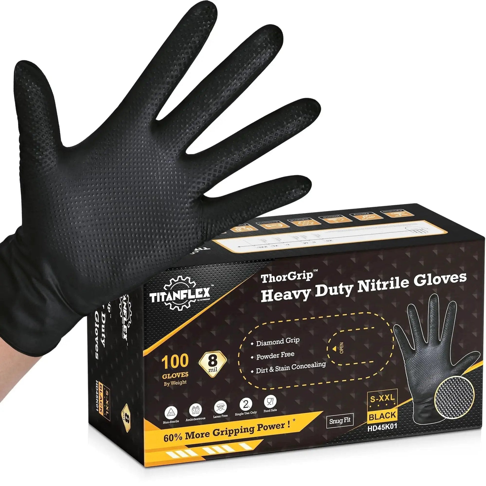 Hand wearing Heavy Duty Black Nitrile Gloves 8 Mil XL With Diamond Texture And Powder Free next to product box.