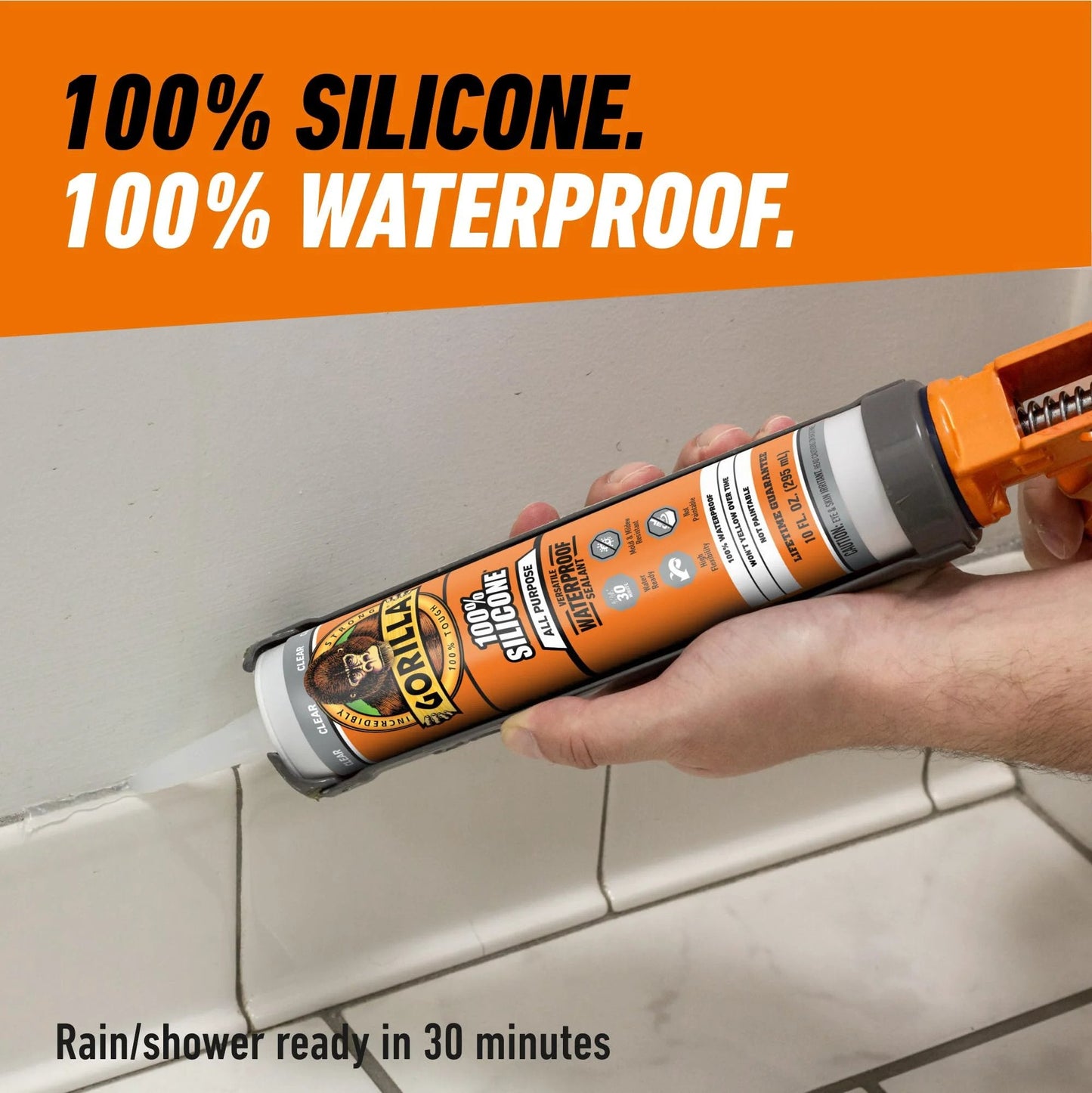 Person applying All Purpose Silicone Sealant For Indoor Outdoor Use 100 Percent Waterproof 10 Oz Cartridge Clear Fast Cure In 30 Minutes DIY Friendly Home Repair Must Have For Showers Sinks Windows Doors Gutters And Vents Gorilla Brand on tile seam.