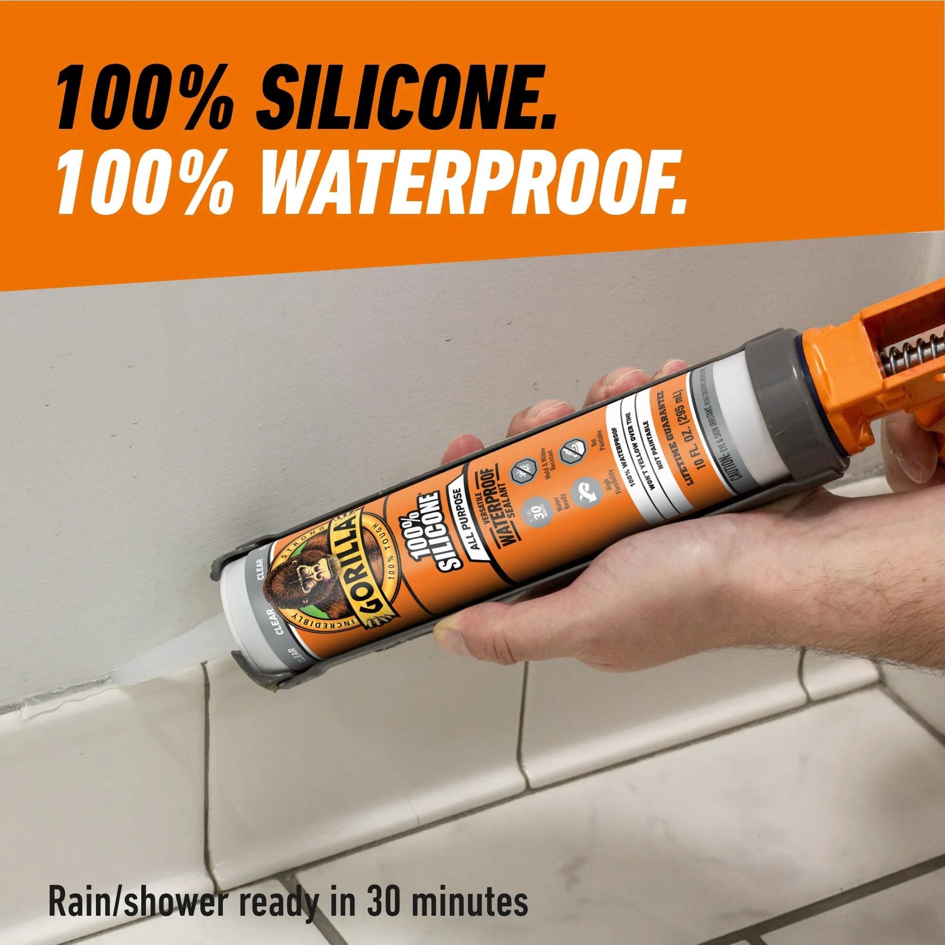 Person applying All Purpose Silicone Sealant For Indoor Outdoor Use 100 Percent Waterproof 10 Oz Cartridge Clear Fast Cure In 30 Minutes DIY Friendly Home Repair Must Have For Showers Sinks Windows Doors Gutters And Vents Gorilla Brand on tile seam.