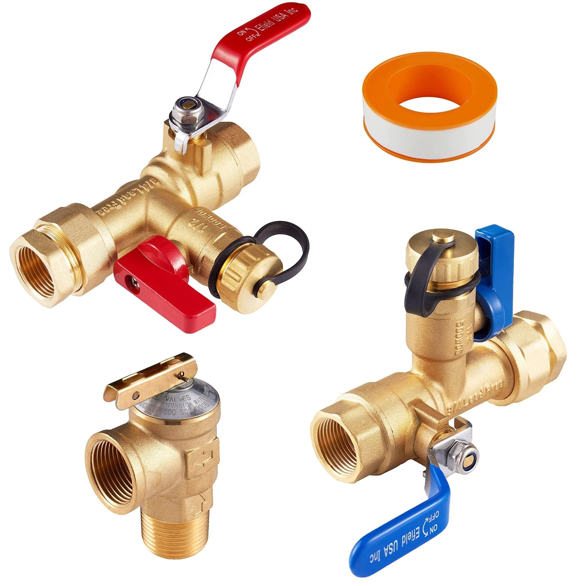 Tankless Water Heater Isolation Valve Kit 3/4 Inch NPT With Hot And Cold Full Port Valves, Integrated Drain Valve With Brass Safety Cap, And Pressure Relief Valve For Residential And Commercial Gas Units By EFIELD