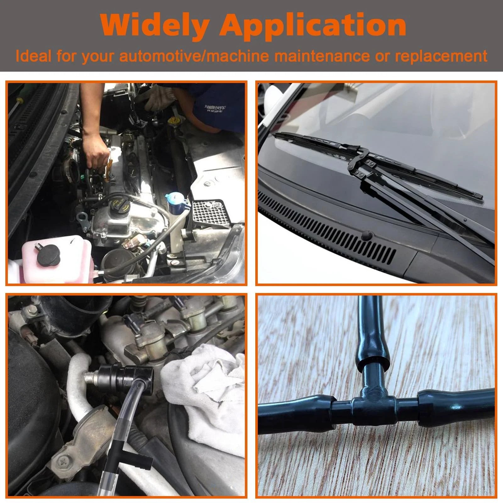 Pro Grade Nylon Black Vacuum Hose Connector Kit For Cars 119-Piece in use with engine and windshield wipers, close-up of connectors