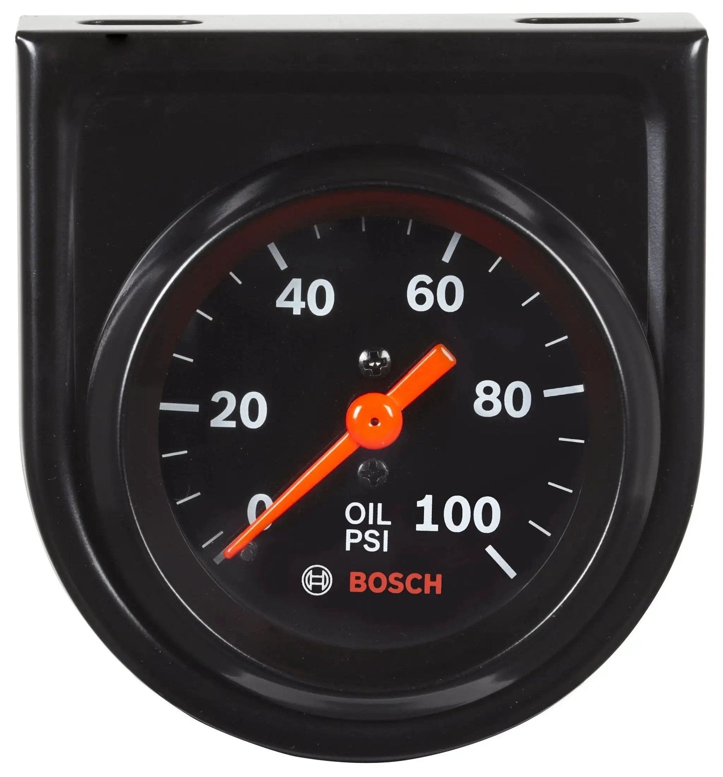 Style Line 2 Inch Mechanical Oil Pressure Gauge With Black Dial And Bezel By Bosch 0 To 100 Psi 270 Degree Sweep Front View
