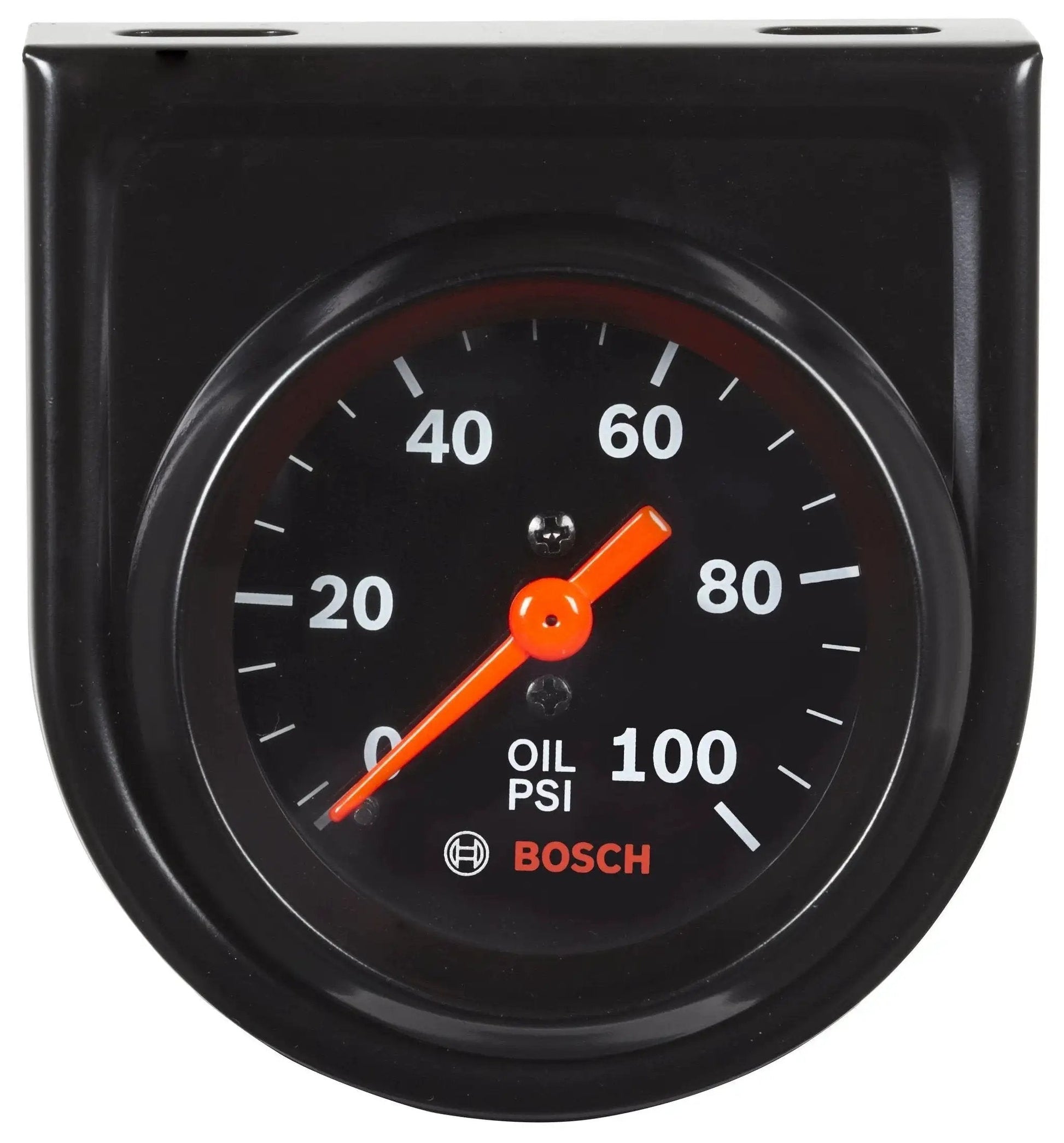 Style Line 2 Inch Mechanical Oil Pressure Gauge With Black Dial And Bezel By Bosch 0 To 100 Psi 270 Degree Sweep Front View