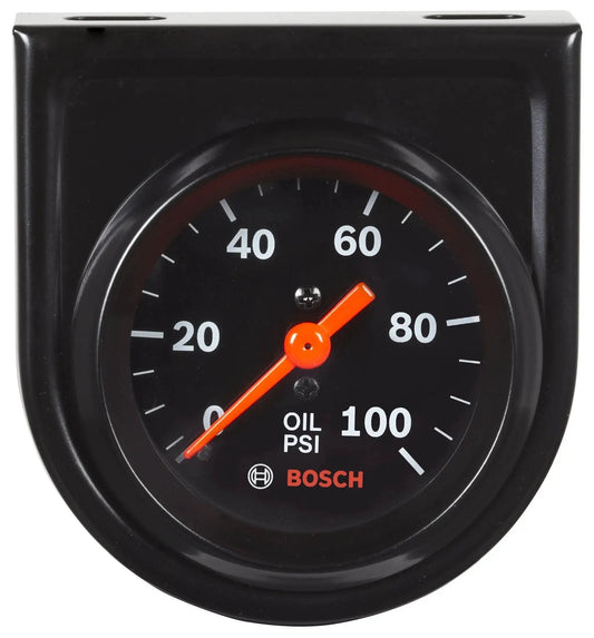 Style Line 2 Inch Mechanical Oil Pressure Gauge With Black Dial And Bezel By Bosch 0 To 100 Psi 270 Degree Sweep Front View
