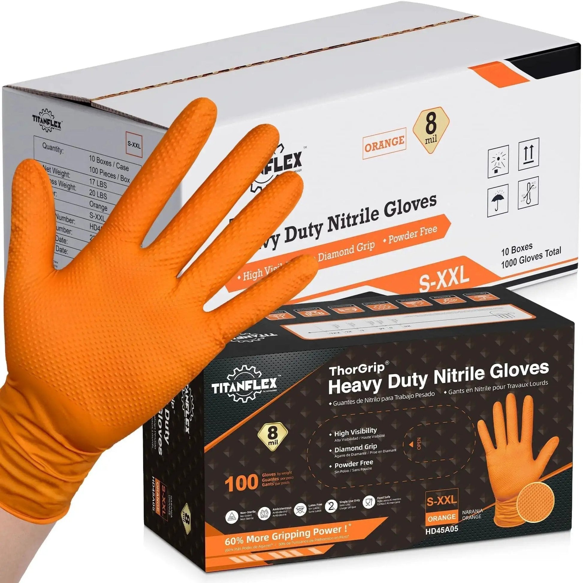 Orange Nitrile Gloves 8 Mil Heavy Duty Powder Free Diamond Texture Grip 1000 Ct packaging with gloved hand