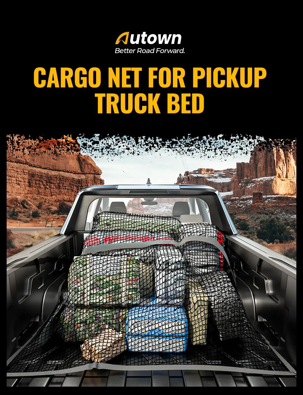 Heavy Duty Truck Bed Cargo Net Stretchable From 4x4 To 7x7 In 1x1 Inch Mesh With 8 Metal Carabiners Keeps ATV SUV UTV Boat Gear Secure On Road And Trails AUTOWN in a pickup truck bed securing cargo.