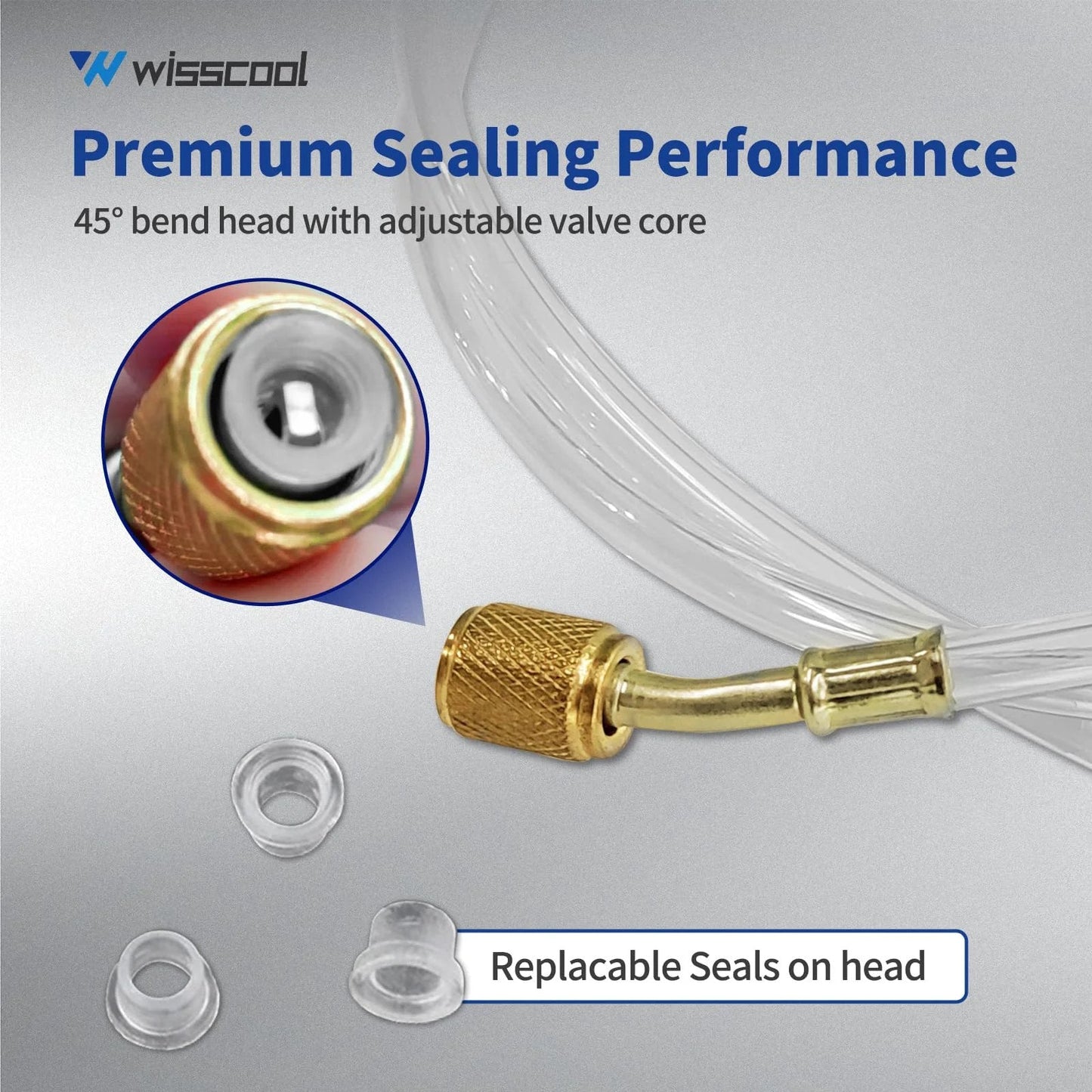 Close-up of Universal 1/4 Inch Refrigerant Charging Hose with 45° bend and clear tubing showing replaceable seals.
