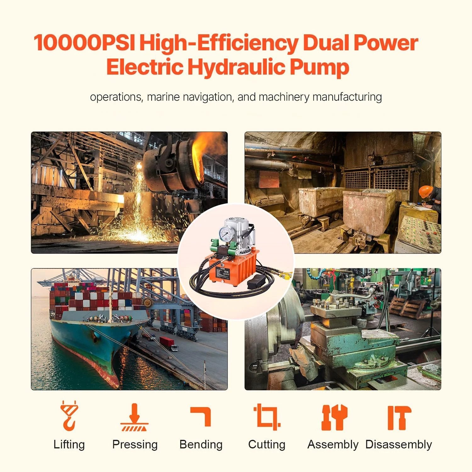 Beefy 10000 PSI Hydraulic Electric Pump With Double Acting 750W Copper Core Motor in various industrial settings.
