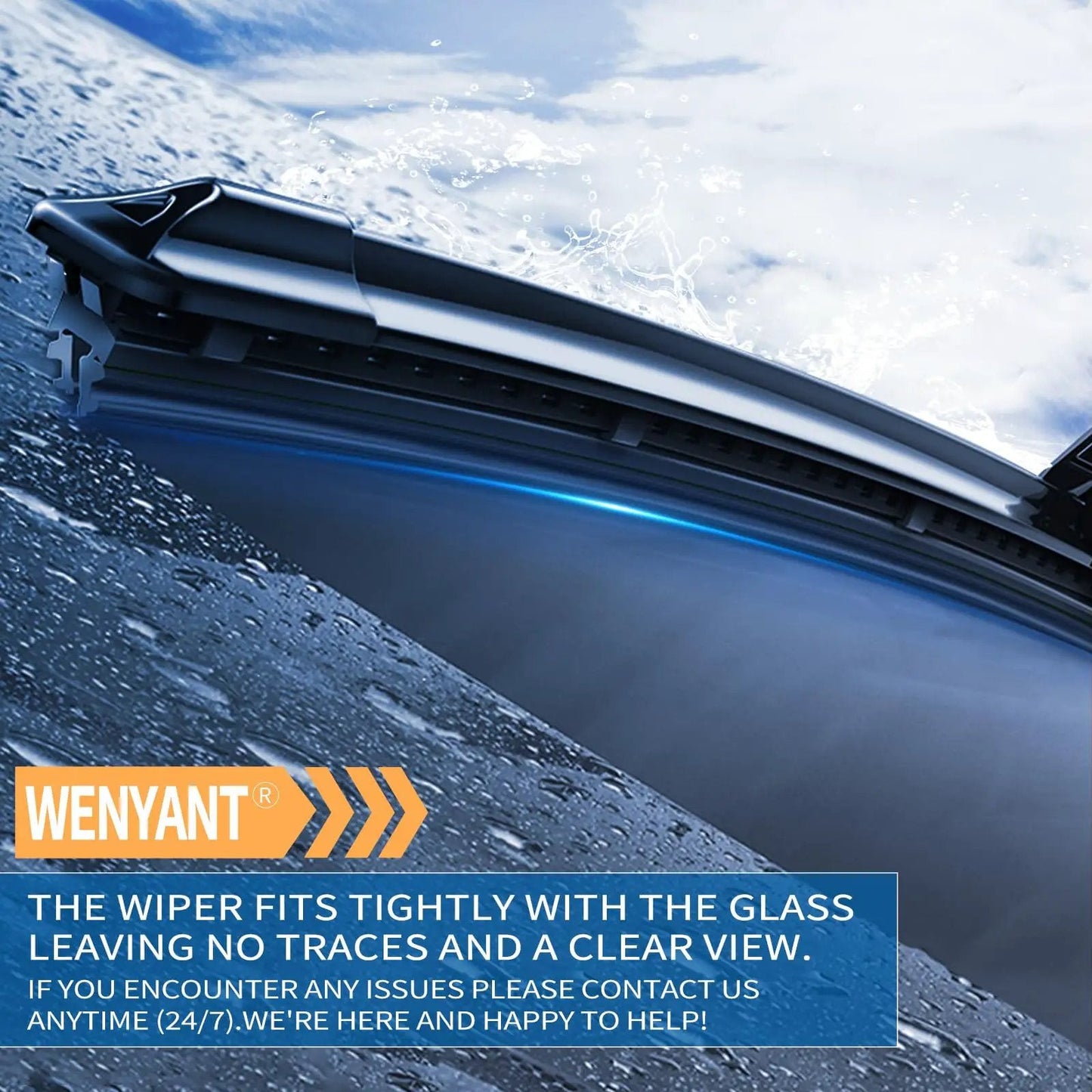 Close-up of OE Replacement Windshield Wiper Blades Set For Toyota RAV4 2013-2018, showing tight fit against the glass.