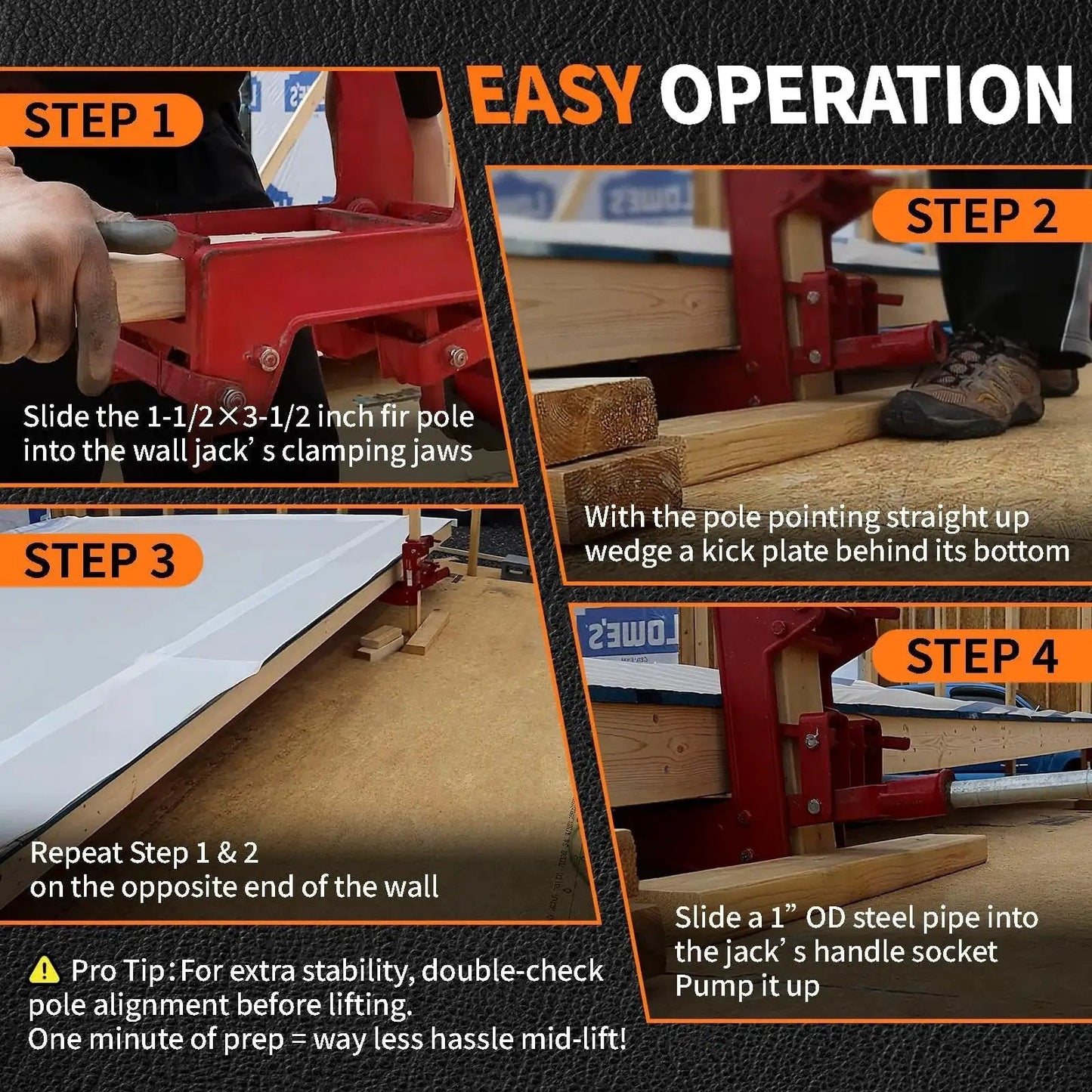 Solo Framing Wall Jack Lifts 1000 Lb Beams With Fir Poles Or Steel Pipe, illustrating step-by-step operation process.