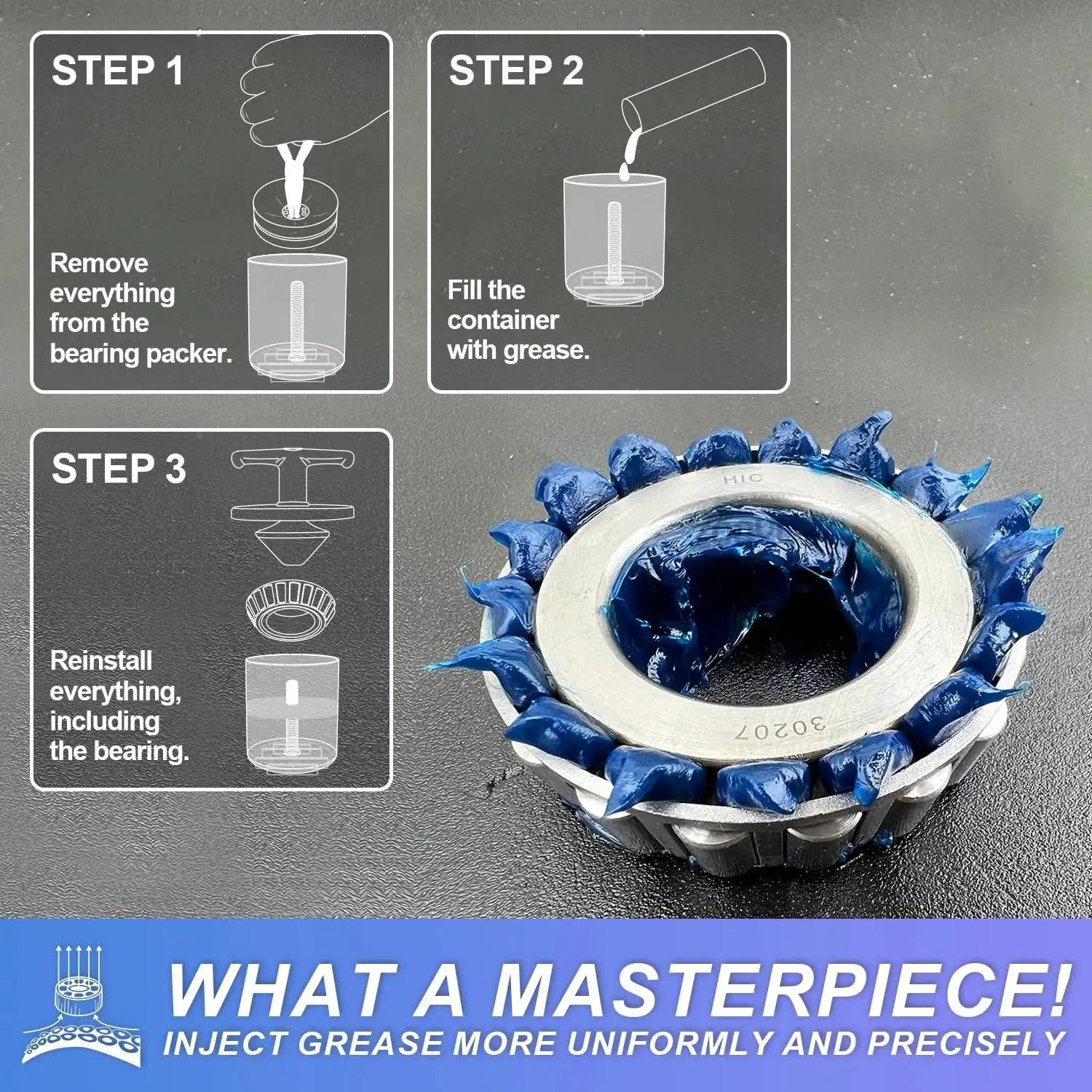 Rotation Handle Bearing Packer Tool Inject Grease Safely Easily and Effortlessly with grease application steps shown