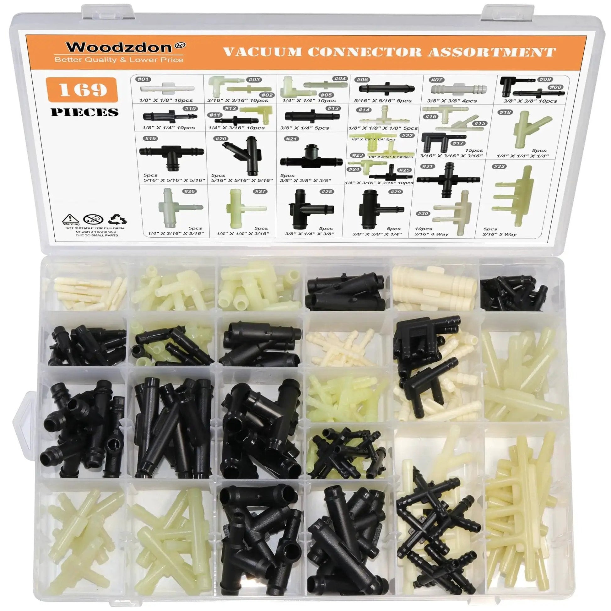 169-Pc Vacuum Connector Kit With 32 Sizes And 169 Pieces, heat-resistant nylon fittings for GM and Ford vehicles, open box view
