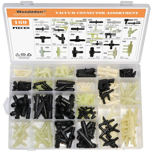 169-Pc Vacuum Connector Kit With 32 Sizes And 169 Pieces, heat-resistant nylon fittings for GM and Ford vehicles, open box view