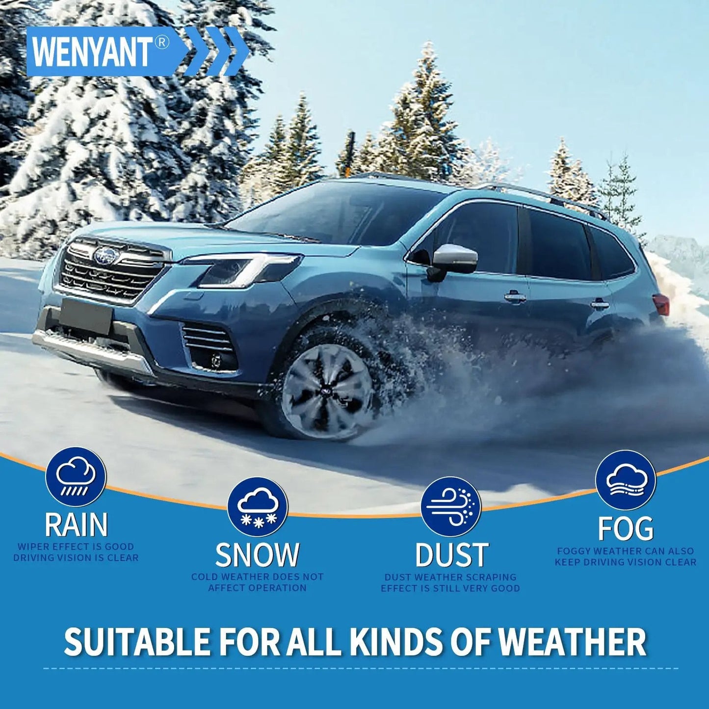 OE Replacement Windshield Wiper Blades Set For Toyota RAV4 2013-2018 Front And Rear installed on a vehicle in snowy weather.