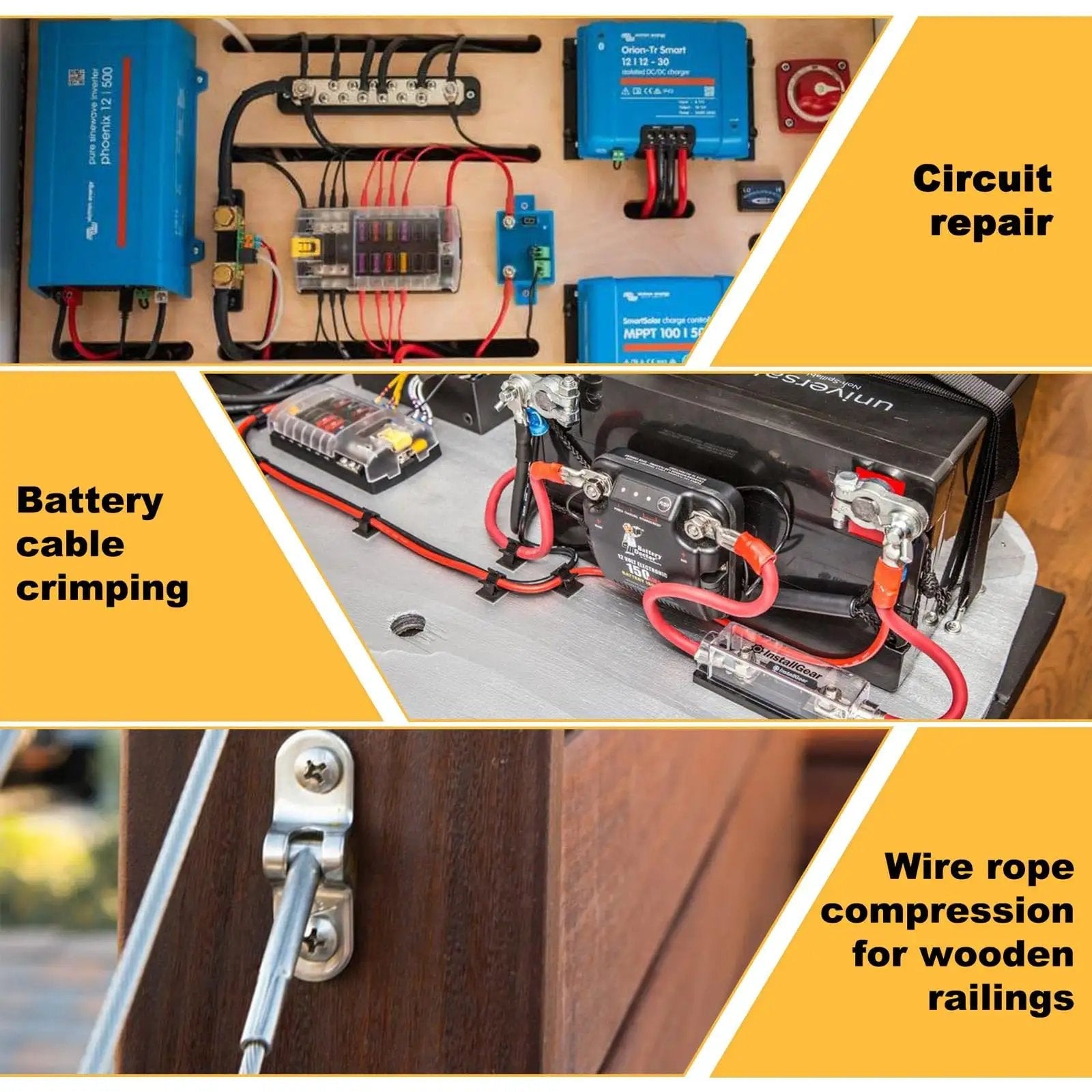 Beefy 10 Ton Hydraulic Crimping Tool Set in use for circuit repair, battery cable crimping, and wire rope compression on railings.