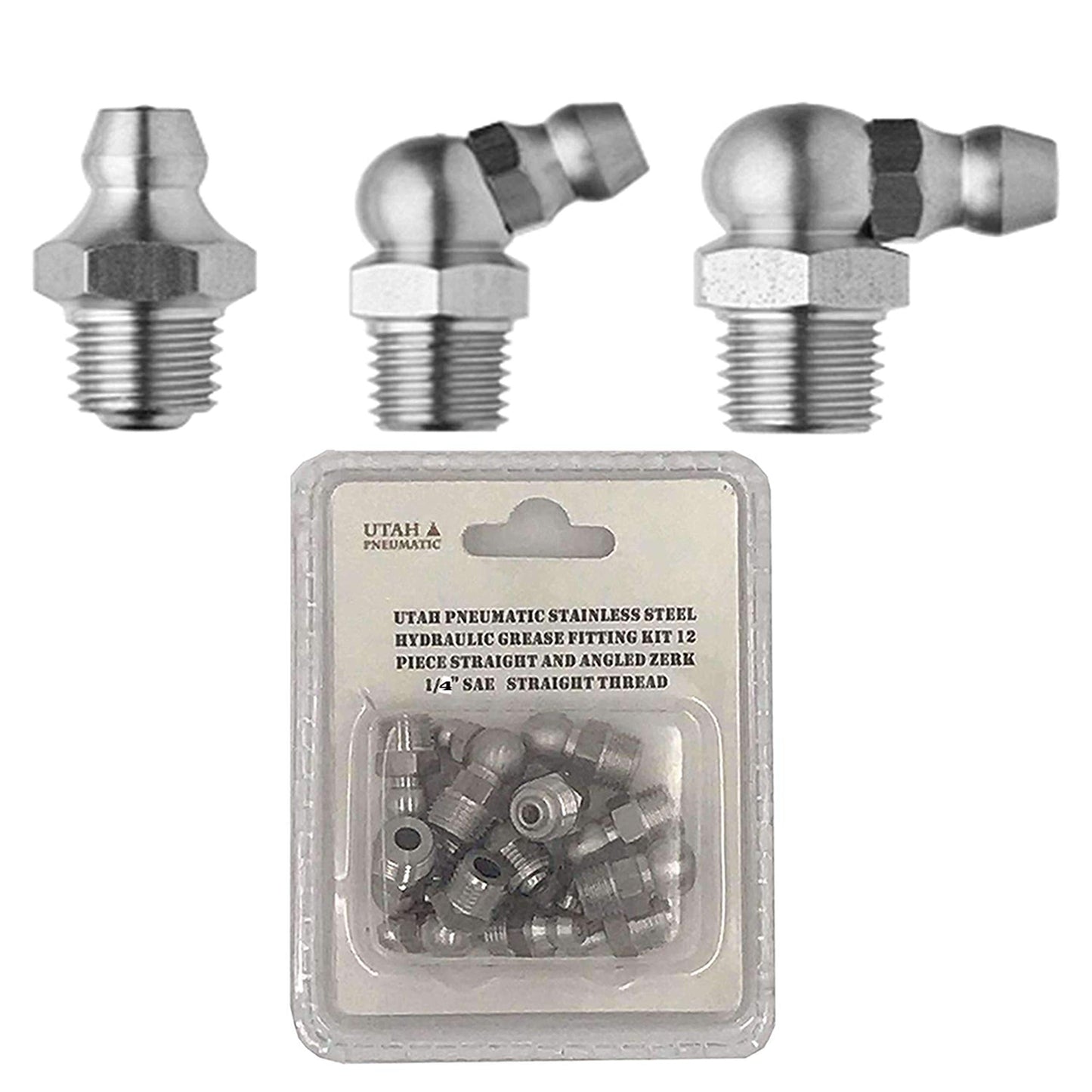 12 Pack SAE Stainless Steel Grease Fittings Kit With One Quarter Inch Zerk Nipples Featuring Straight 90 Degree And 45 Degree Angles