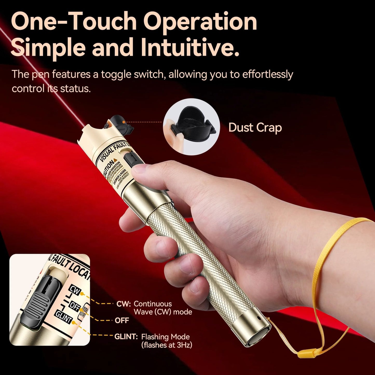 Hand holding Fiber Optic Visual Fault Locator Kit Up To 50 Kilometer Range Red Light Pen For Quick Fault Detection 650 Nm Laser Two Point Five Millimeter Universal Connector