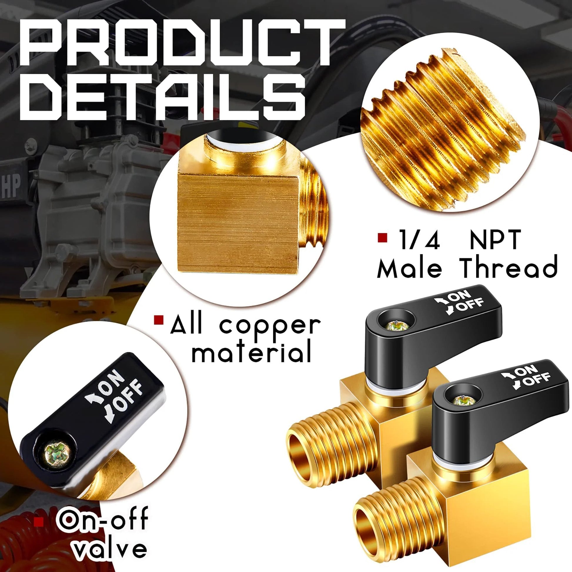 Air Compressor Drain Valve Ball Type Brass Mini Metal Tank Valve One Quarter Inch NPT Male To Female For Air Tank Drain And Water Removal In Pneumatic Systems Easy Install Pack Of Two, front and side views of valve with on-off lever, copper material.