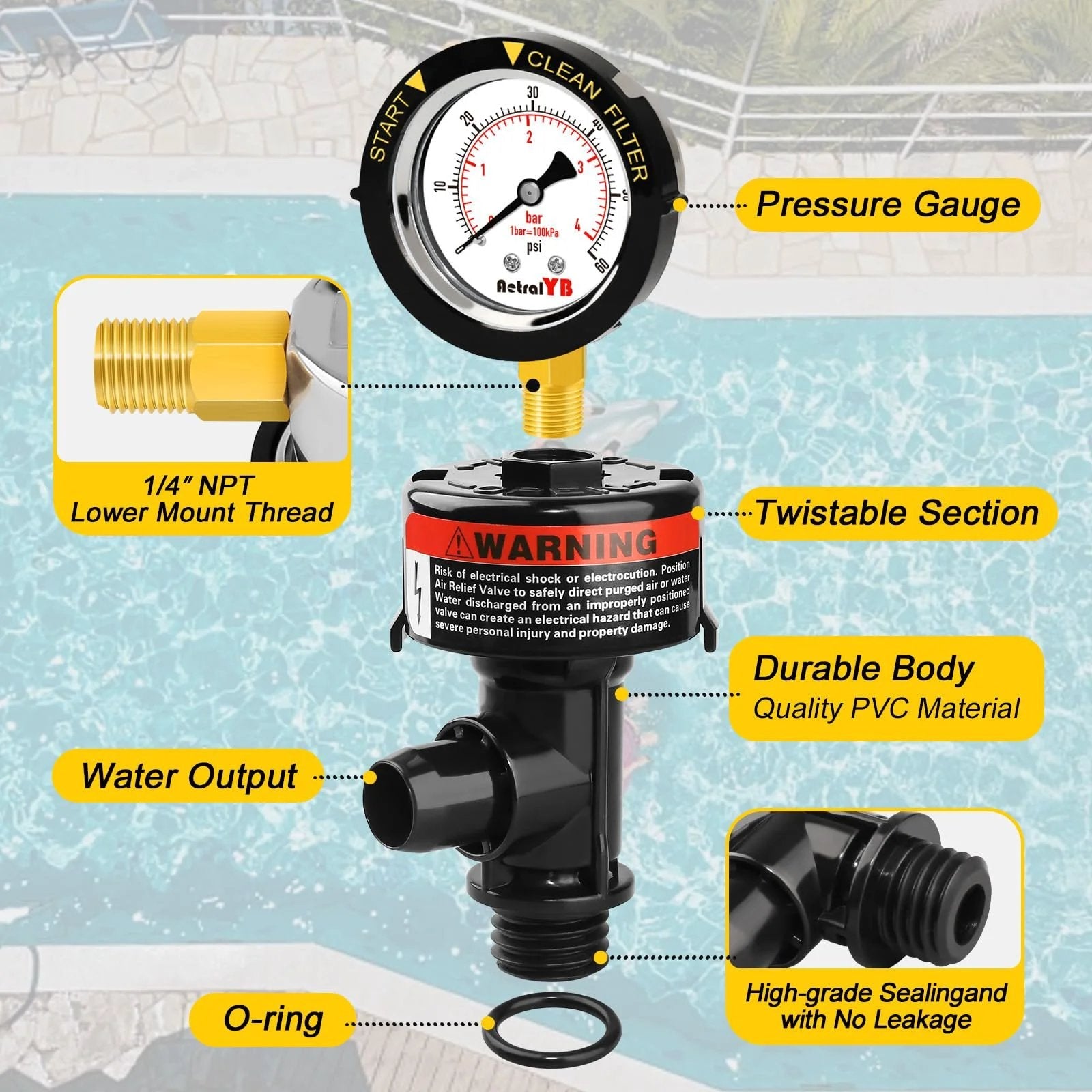 Manual Pool Filter Air Relief Valve With Waterproof Stainless Steel Pressure Gauge and Durable PVC Body in Pool Setting