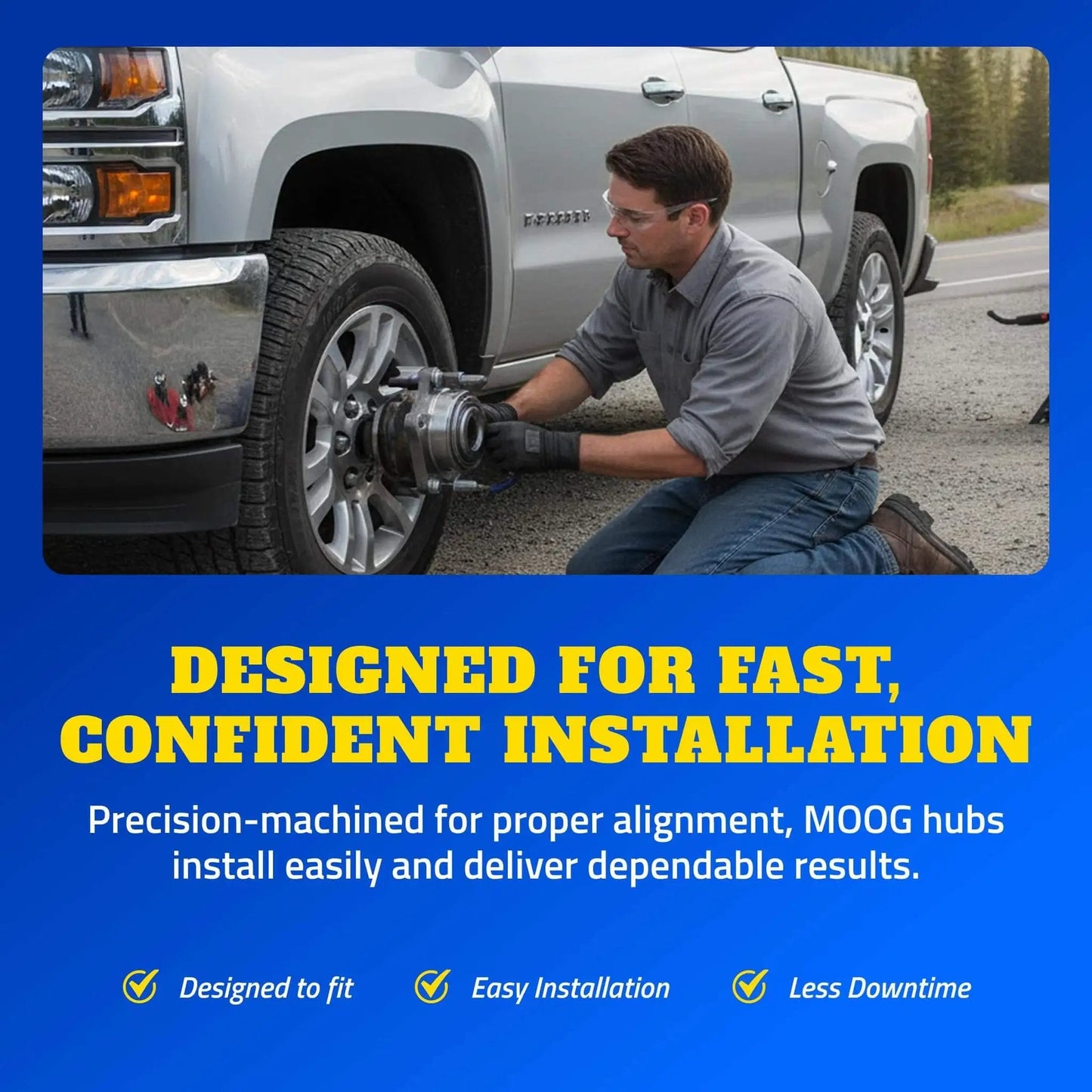 Mechanic installing Single Front or Rear Wheel Hub & Bearing Assembly for Chevrolet Impala, Precision Fit Direct Replacement.