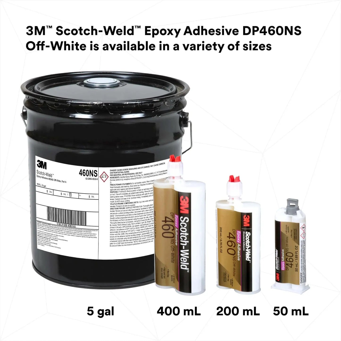 DP460NS Epoxy Adhesive White 50 mL Cartridge For Metal Wood Ceramic Glass And Select Plastics, various sizes shown